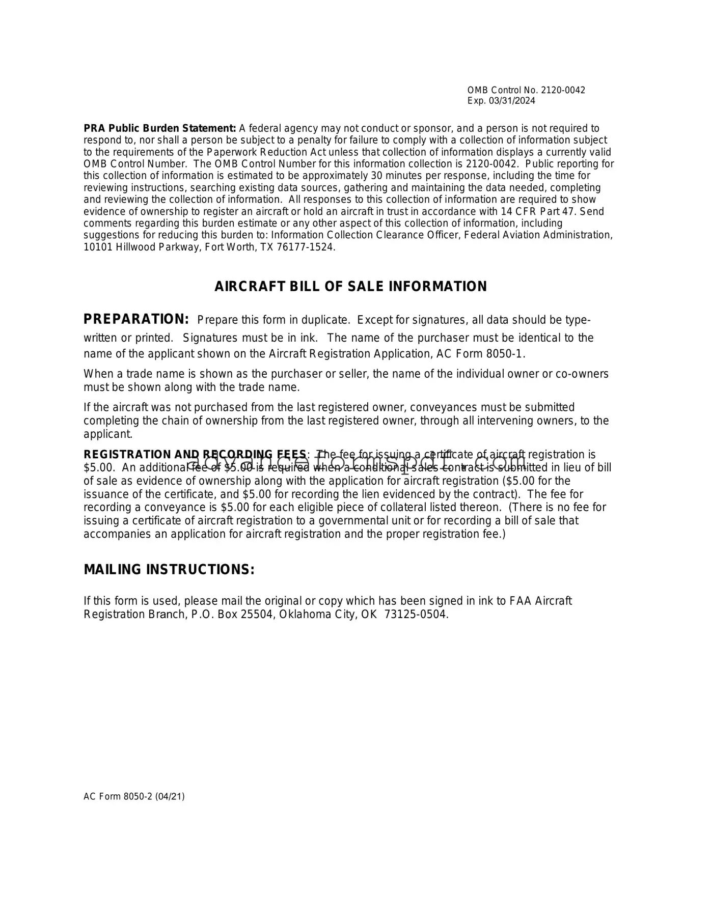 Download Aircraft Bill of Sale AC 8050-2 Form in PDF