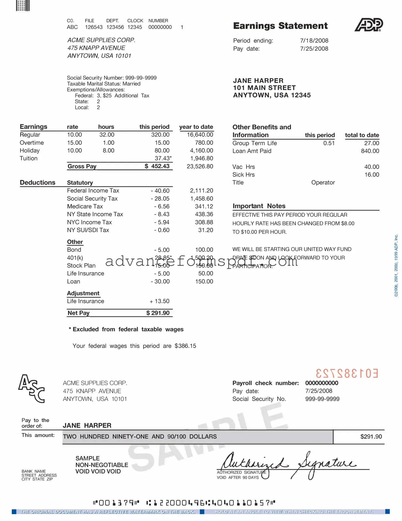 Download Adp Pay Stub Form in PDF