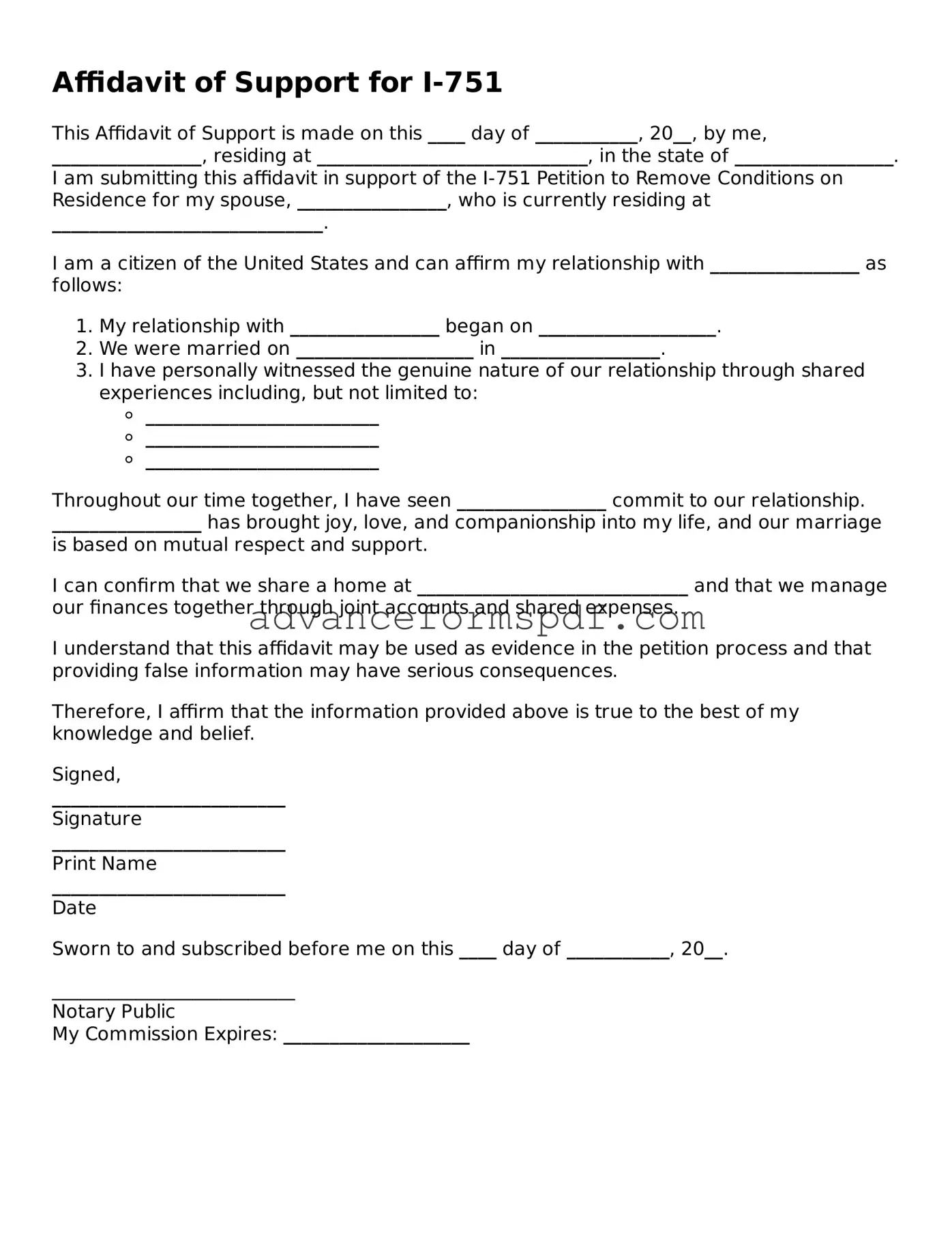 Free Affidavit Letter of Support for I-751 Document