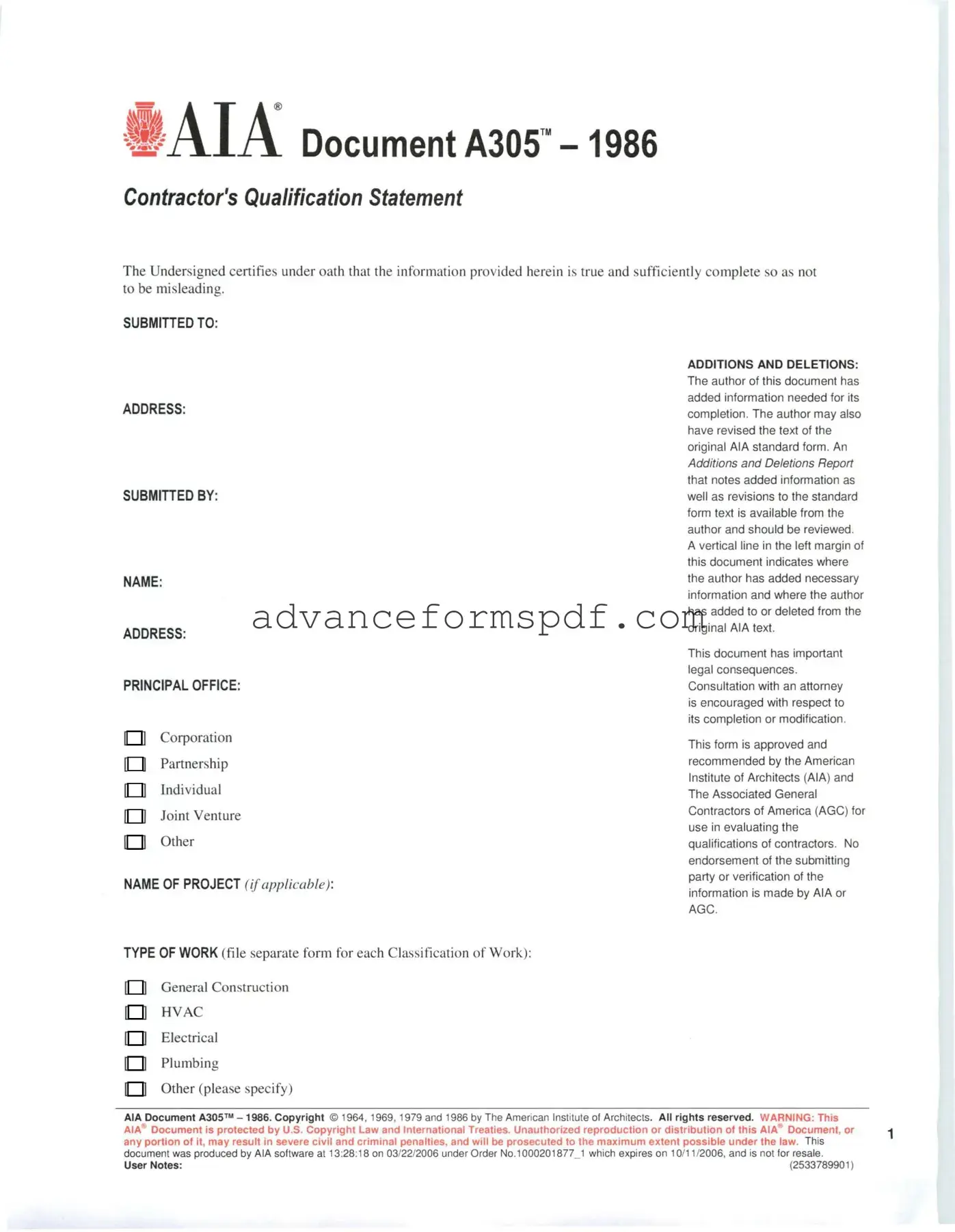 Download AIA A305 Form in PDF