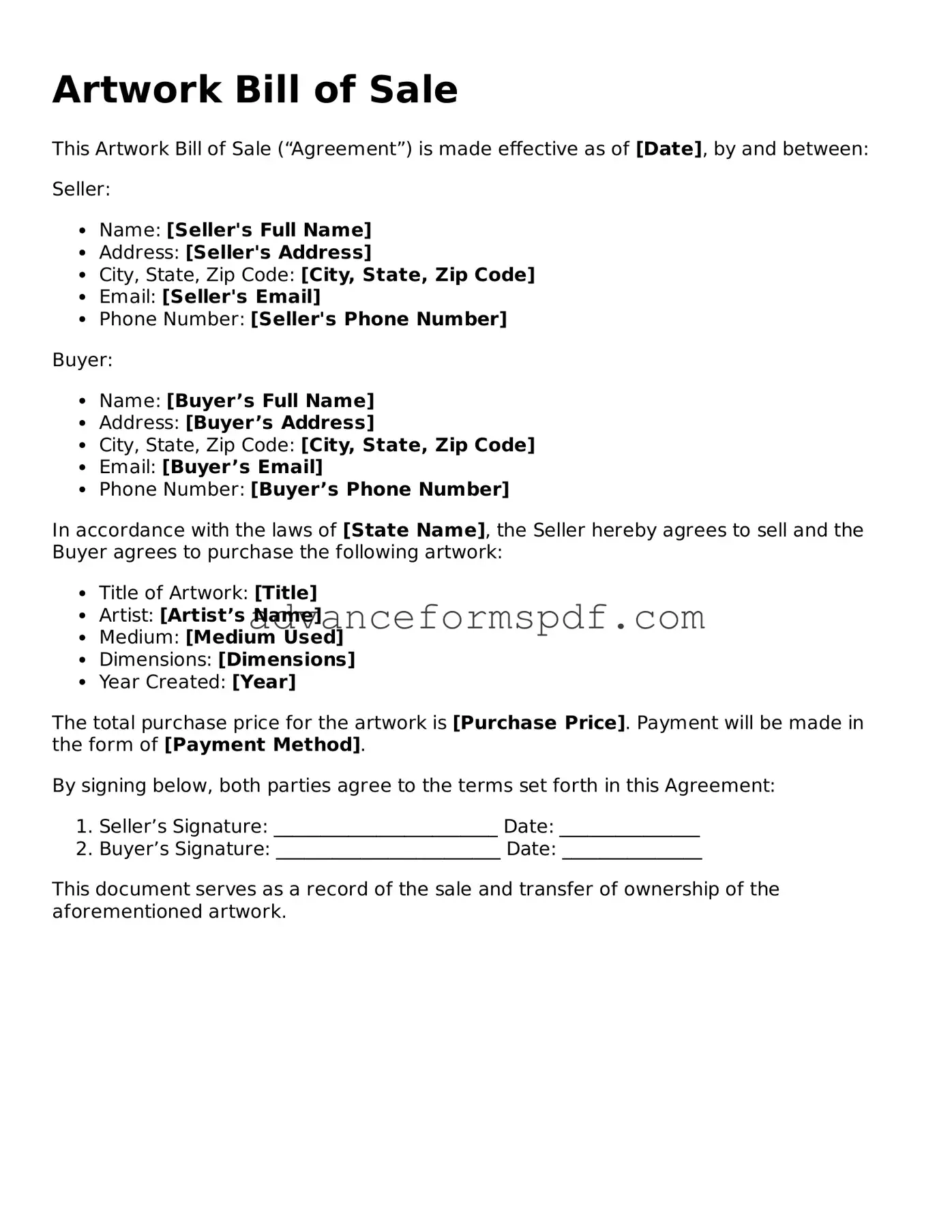 Free Artwork Bill of Sale Document