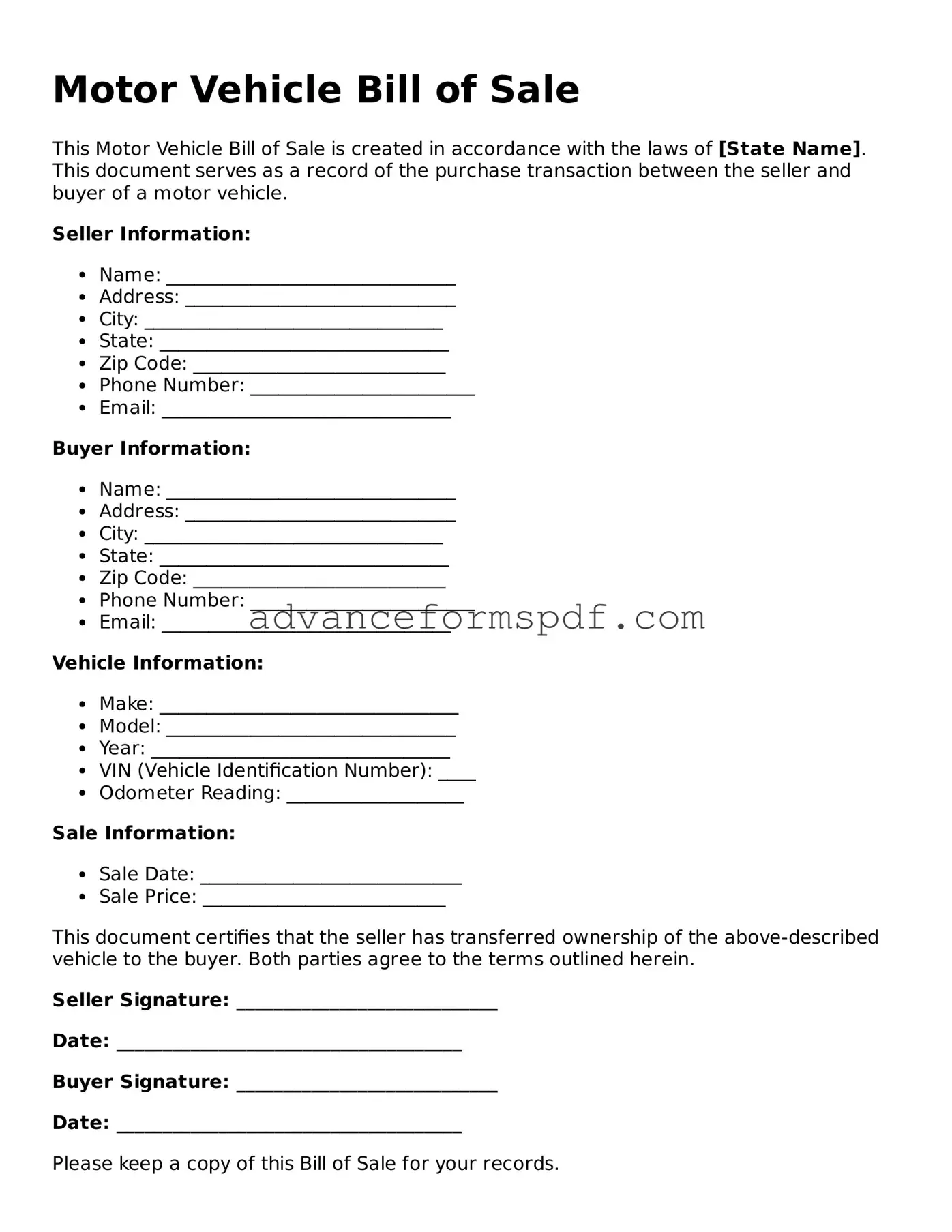 Free Motor Vehicle Bill of Sale Document