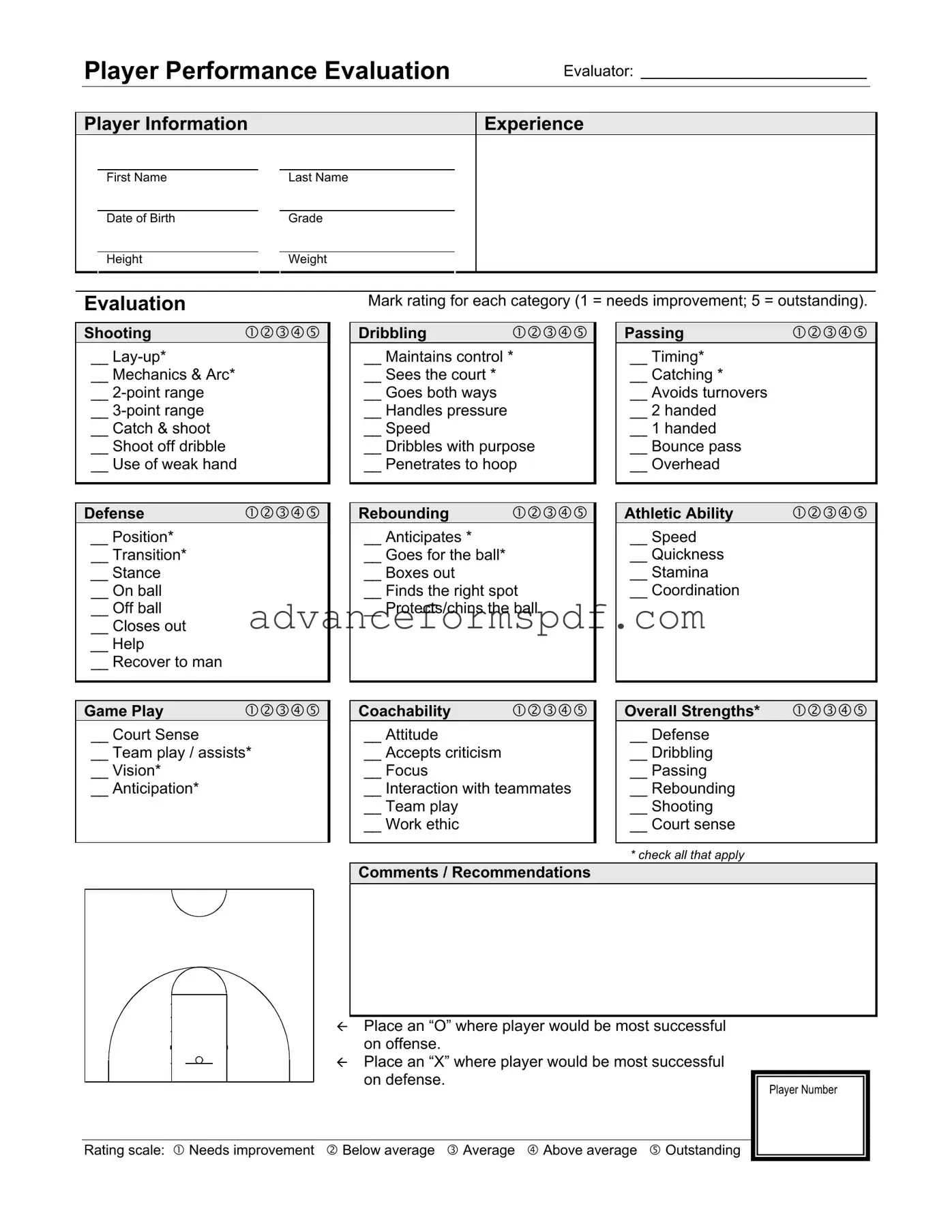 Download Basketball Evaluation Form in PDF