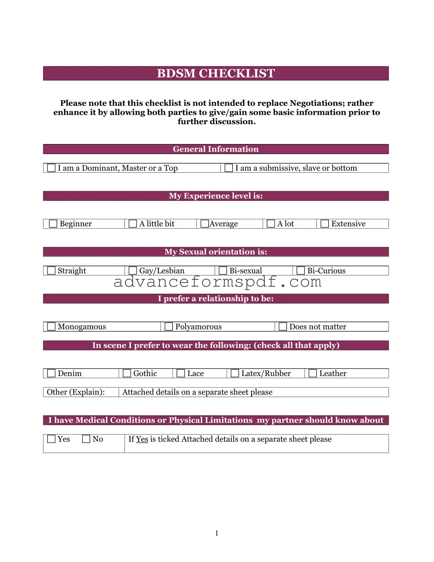 Download Bdsm Checklist Form in PDF