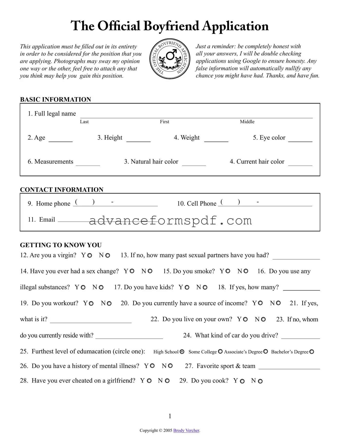 Download Boyfriend application form Form in PDF