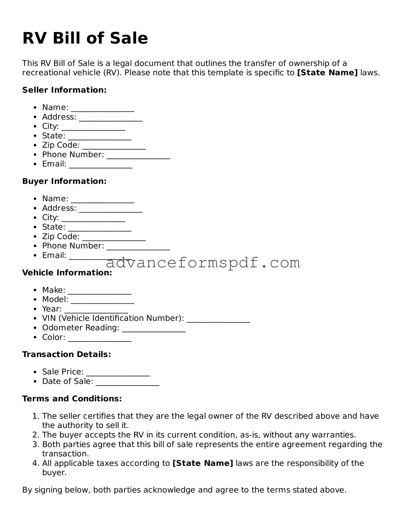 Free RV Bill of Sale Document