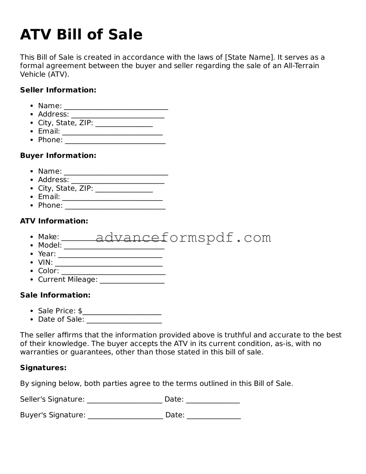 Free ATV Bill of Sale Document