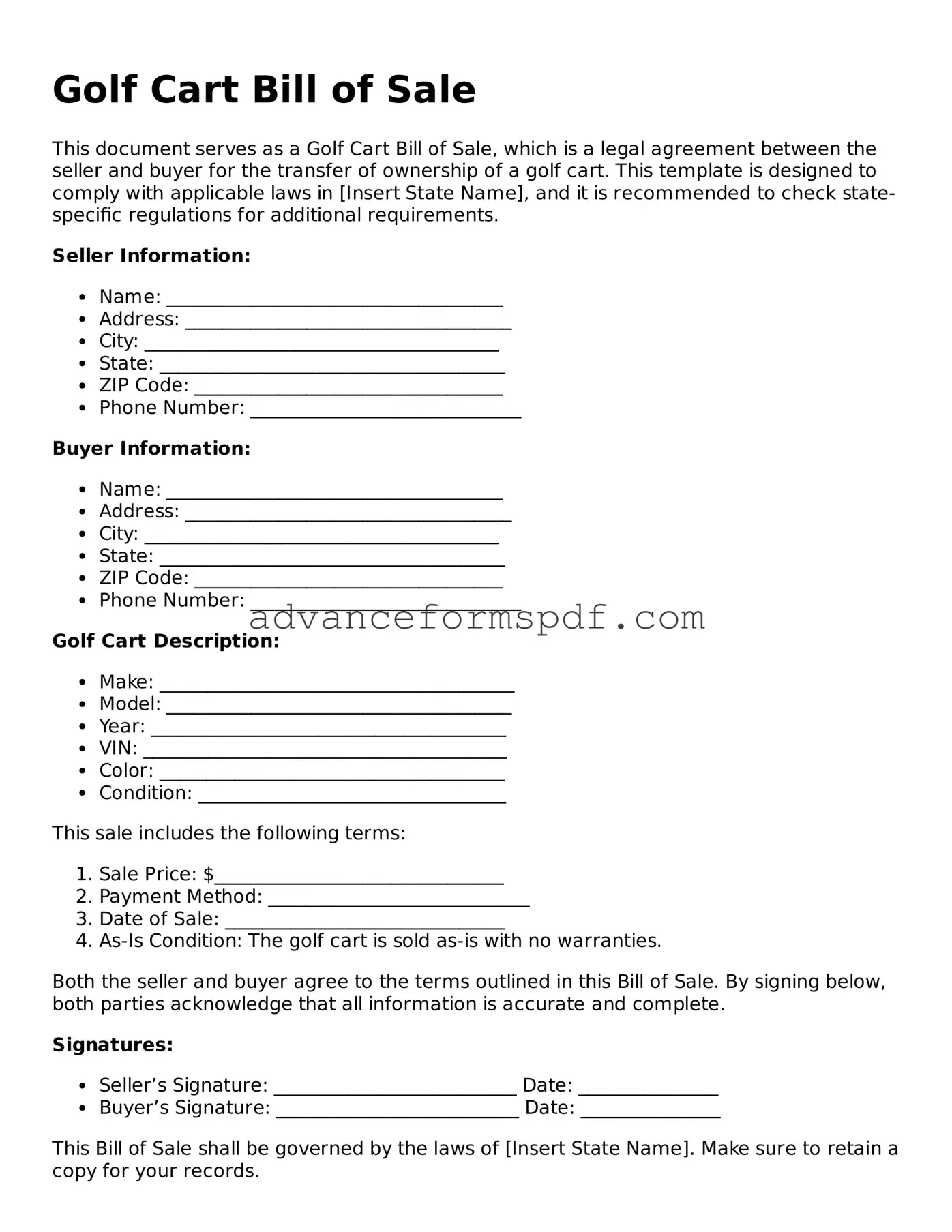 Free Golf Cart Bill of Sale Document