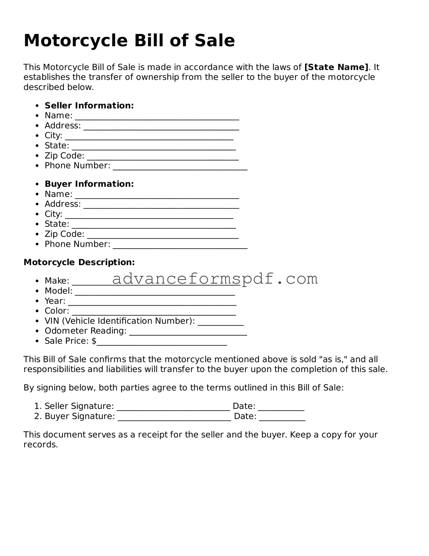 Free Motorcycle Bill of Sale Document