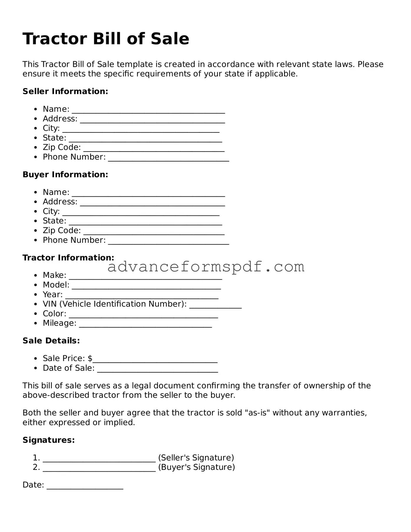 Free Tractor Bill of Sale Document
