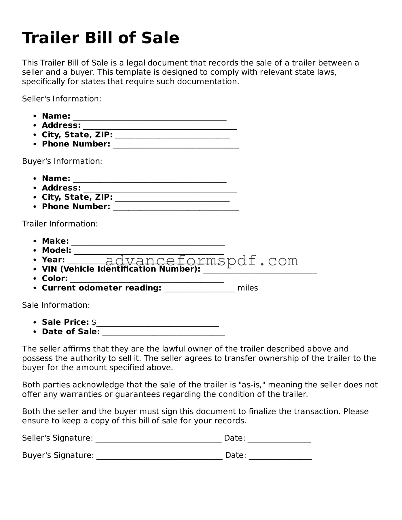 Free Trailer Bill of Sale Document