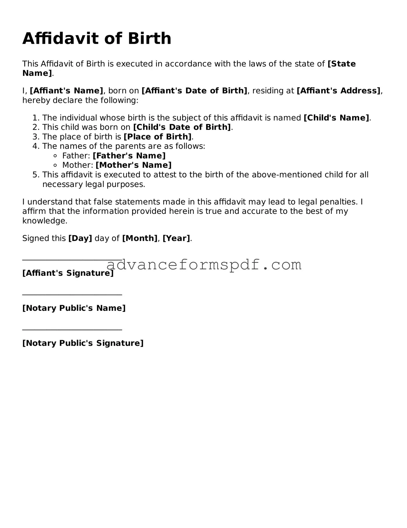 Free Affidavit of Birth Document