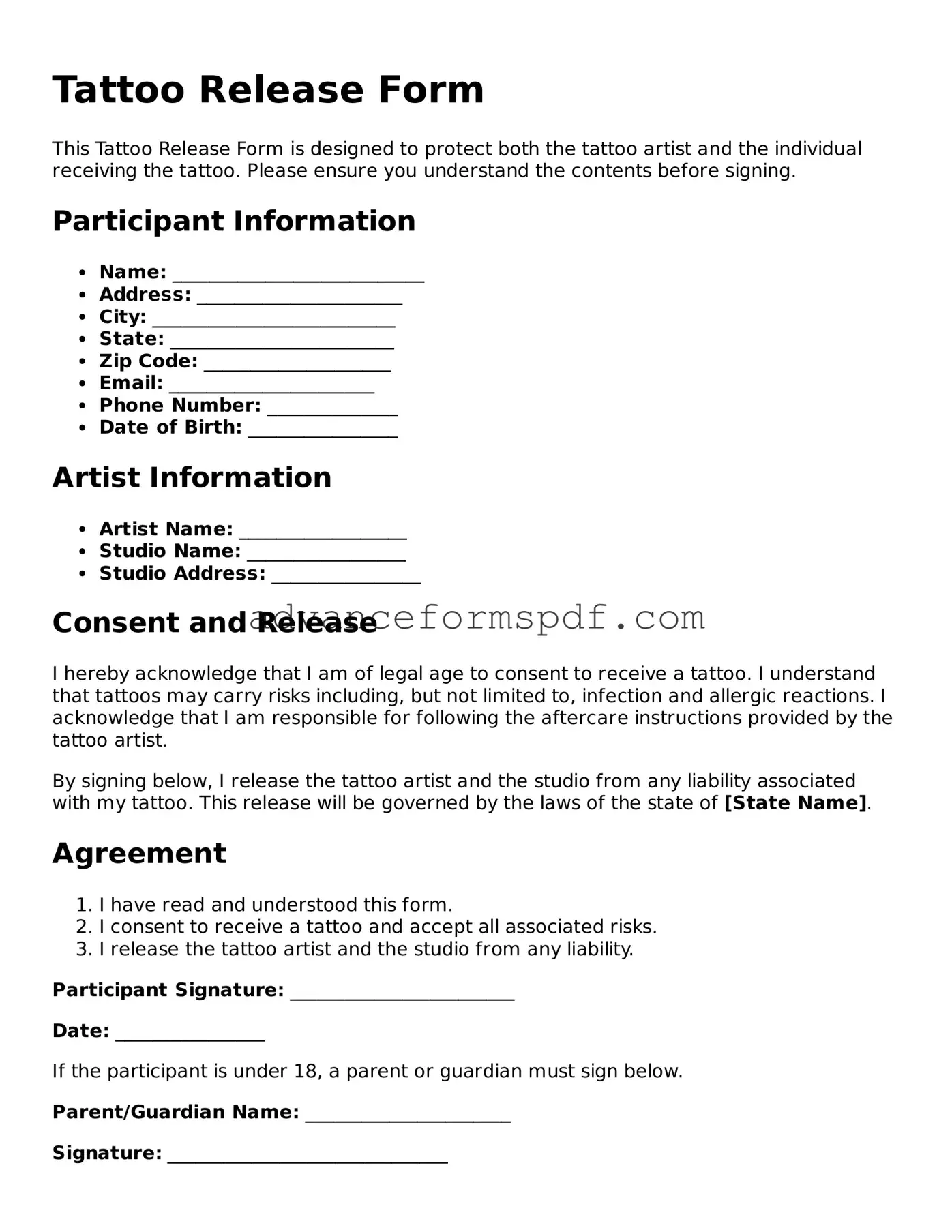 Free Tattoo Release Document