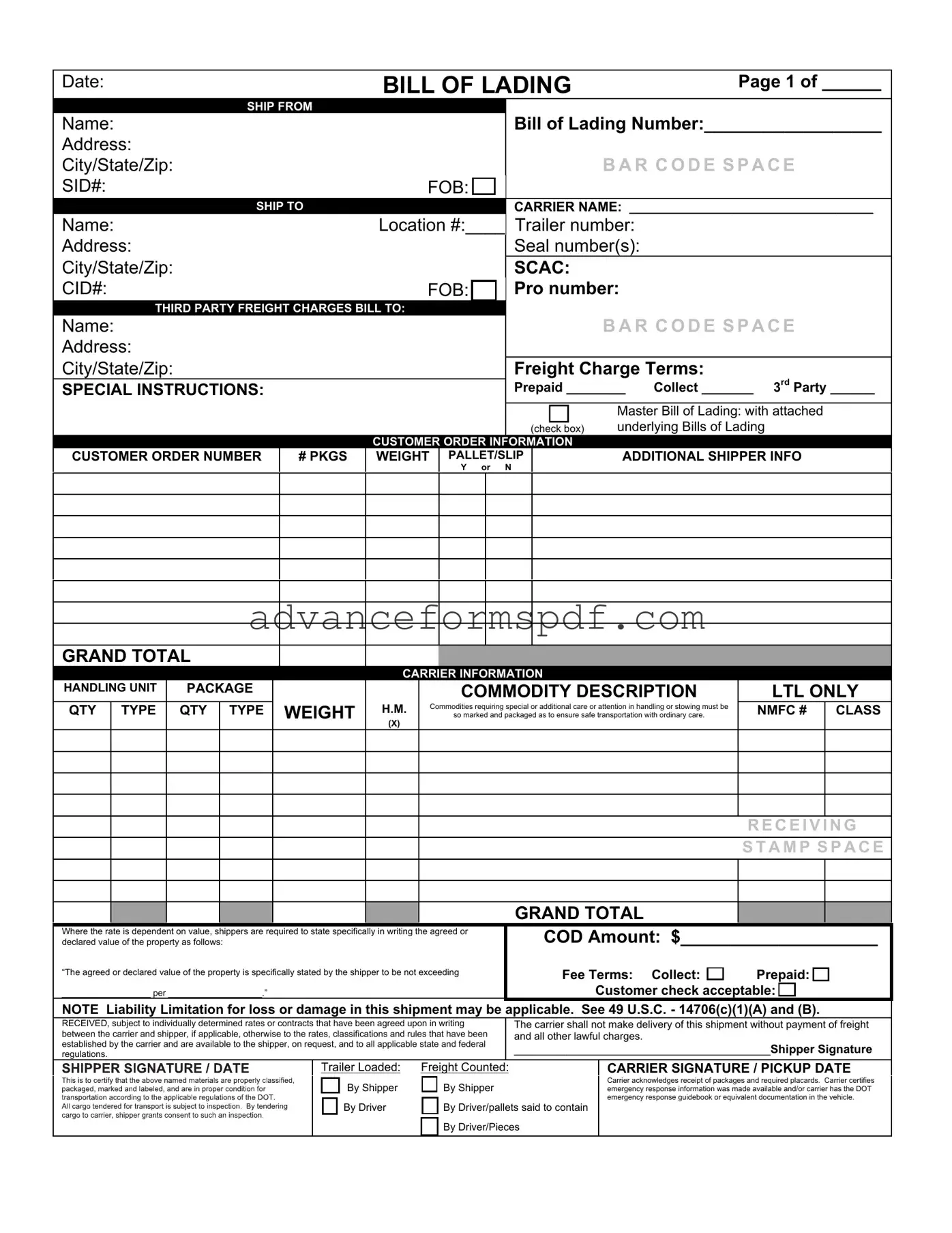 Download Bill of Lading with a Supplement Form in PDF