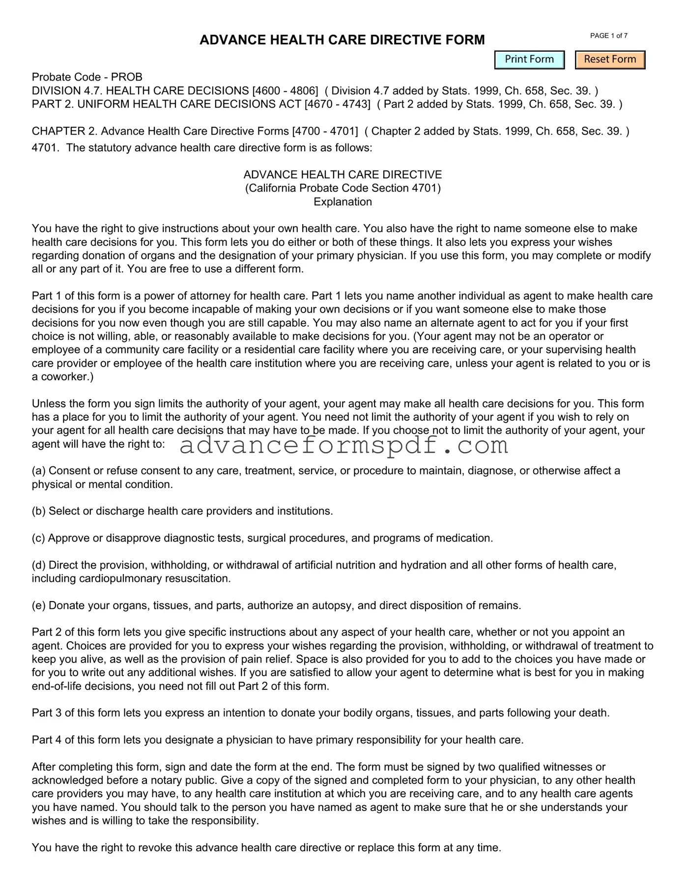 Download California Advanced Health Care Directive Form in PDF