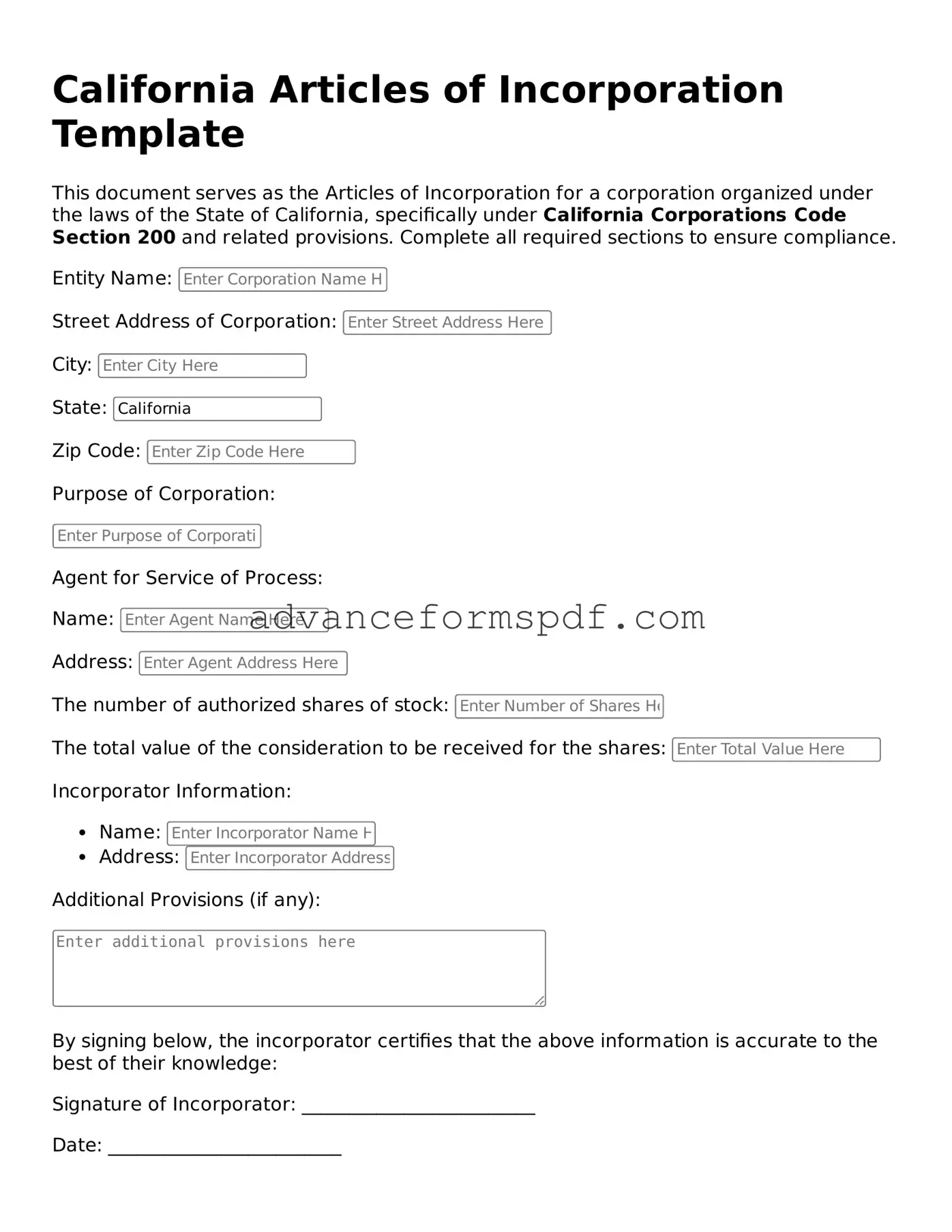 Valid Articles of Incorporation Form for the State of California