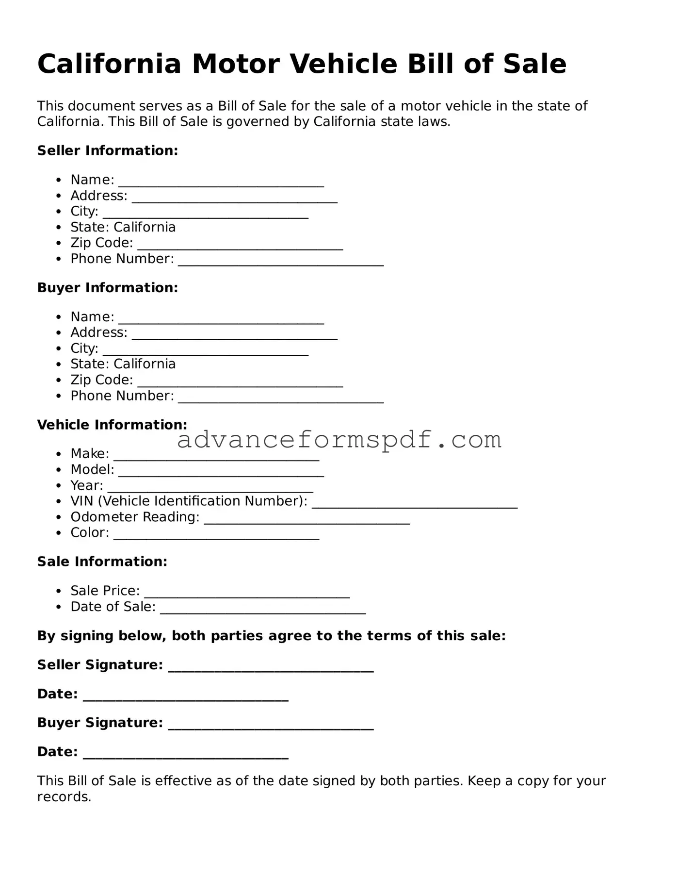 Valid Motor Vehicle Bill of Sale Form for the State of California