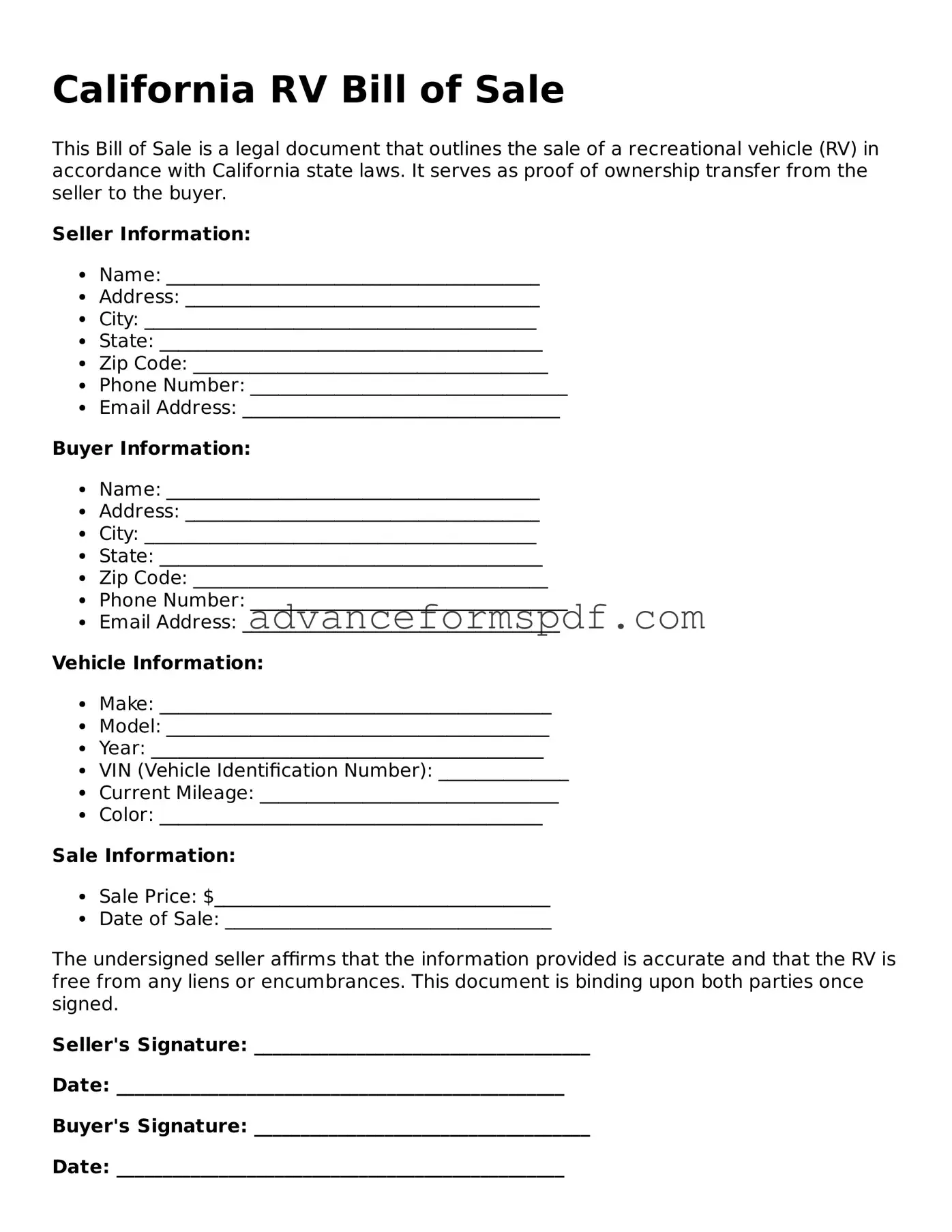 Valid RV Bill of Sale Form for the State of California
