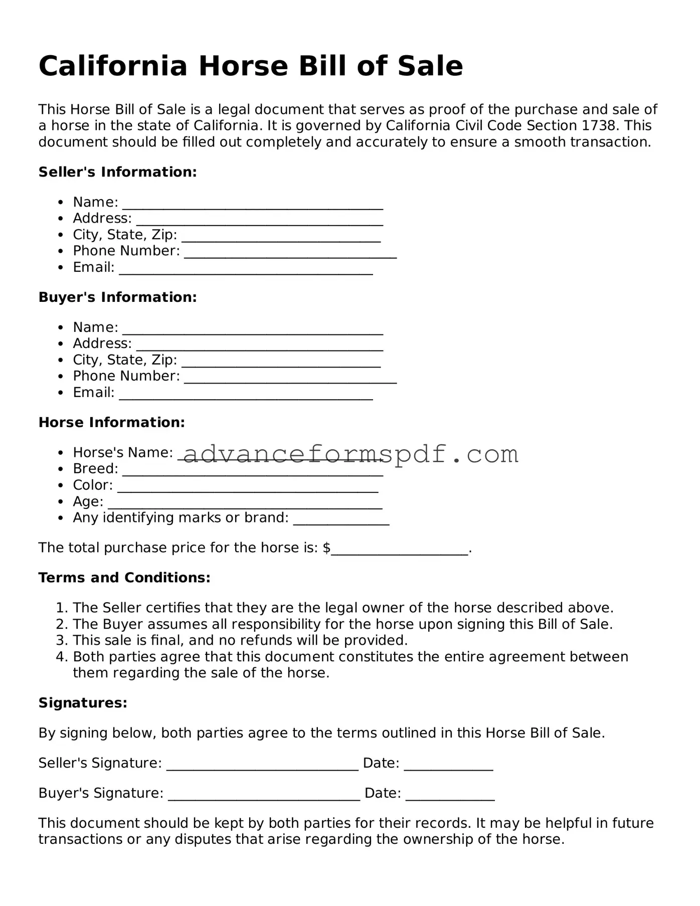 Valid Horse Bill of Sale Form for the State of California
