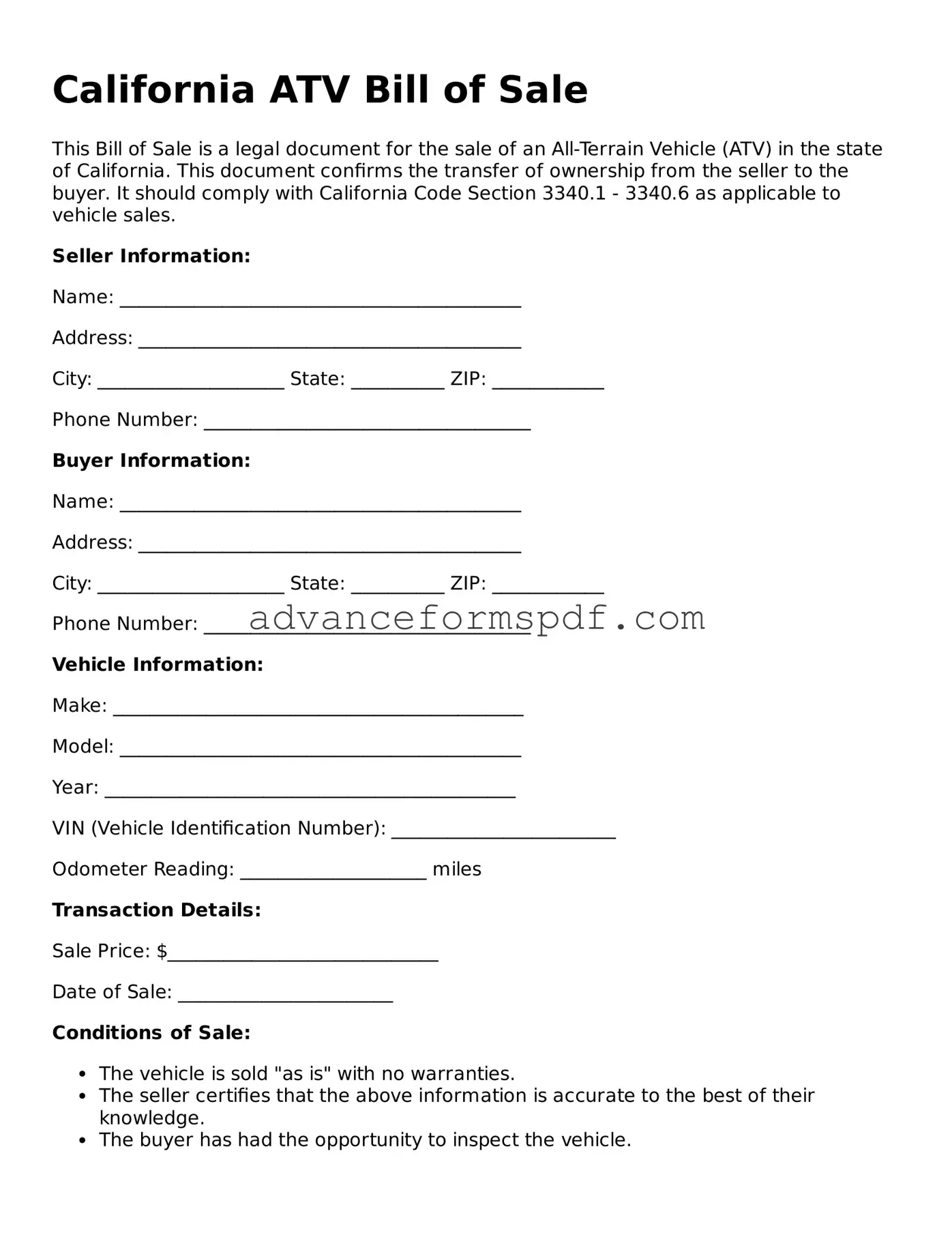Valid ATV Bill of Sale Form for the State of California