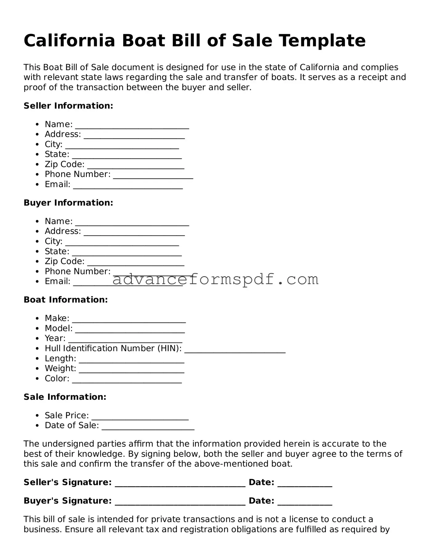 Valid Boat Bill of Sale Form for the State of California