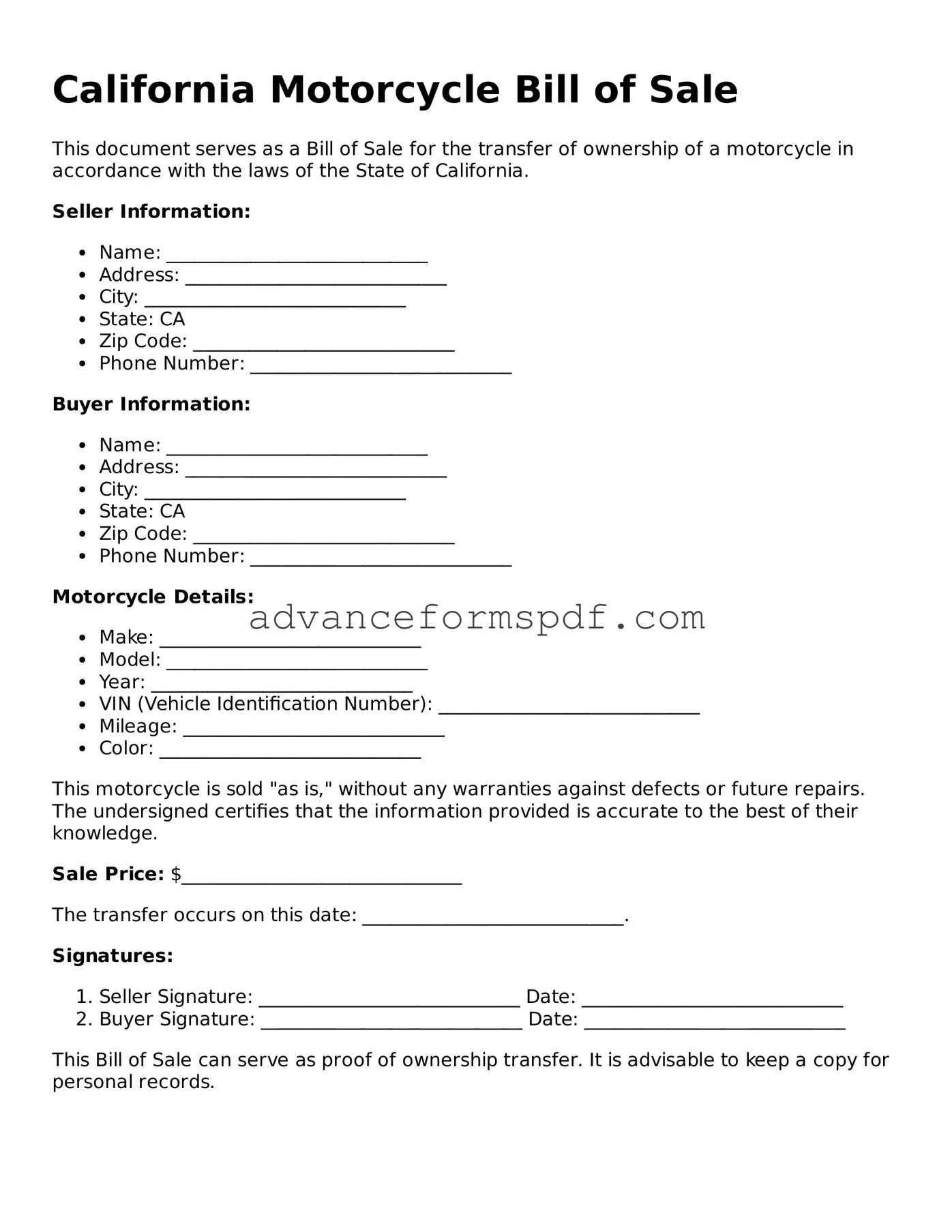 Valid Motorcycle Bill of Sale Form for the State of California