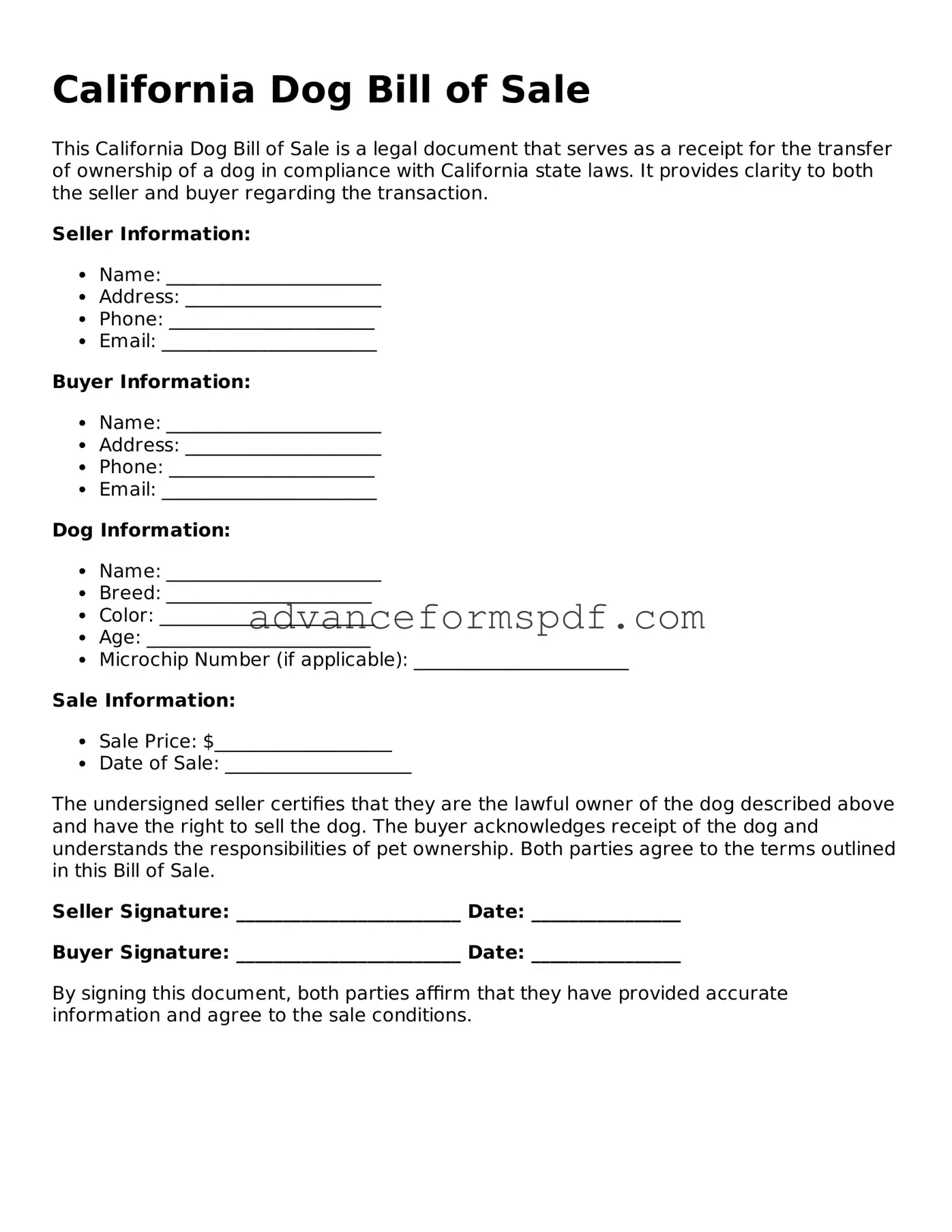 Valid Dog Bill of Sale Form for the State of California