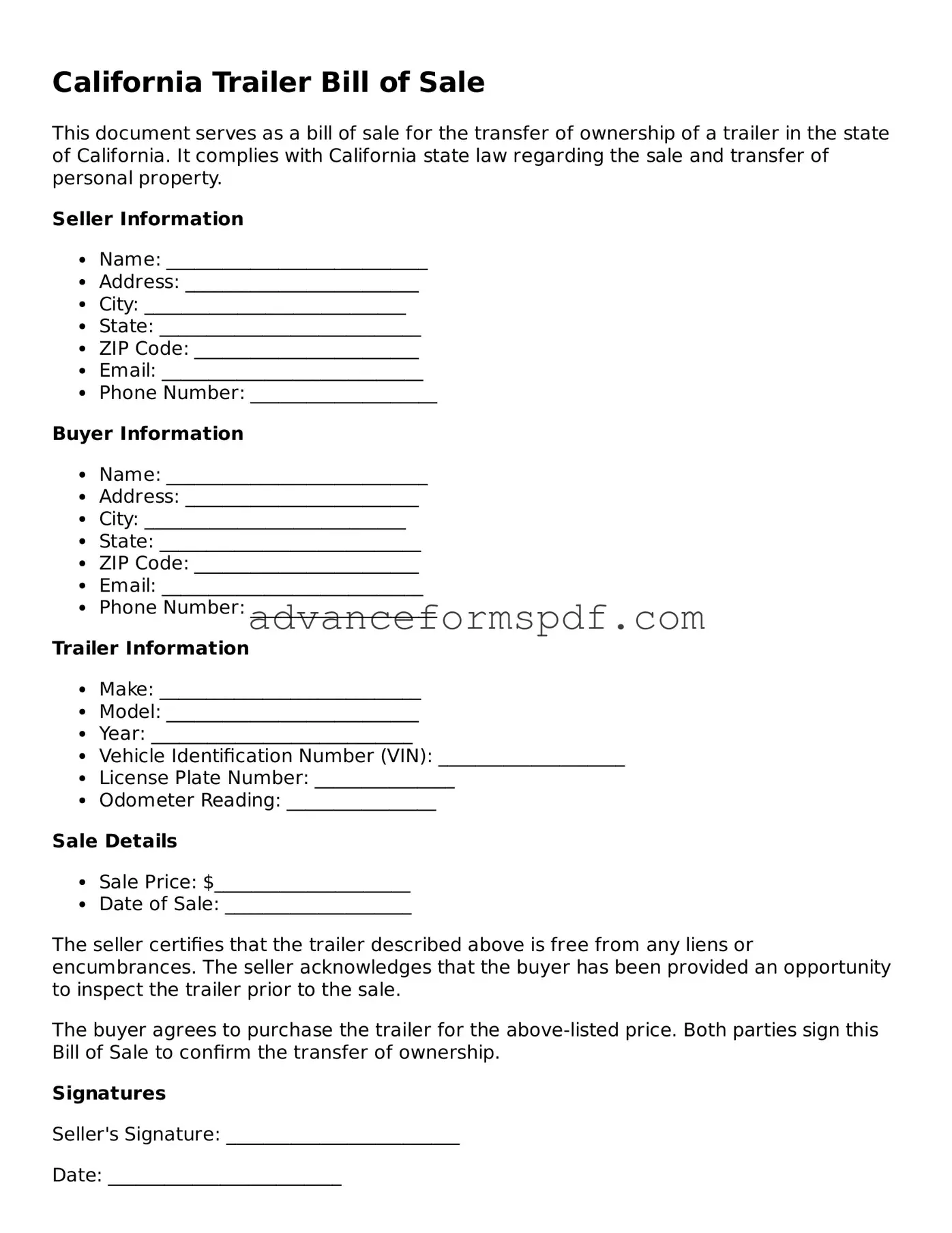 Valid Trailer Bill of Sale Form for the State of California