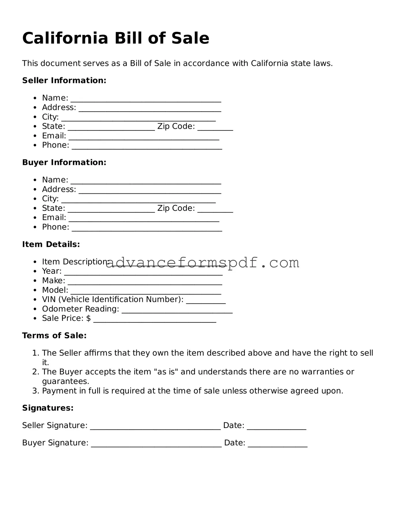 Valid Bill of Sale Form for the State of California