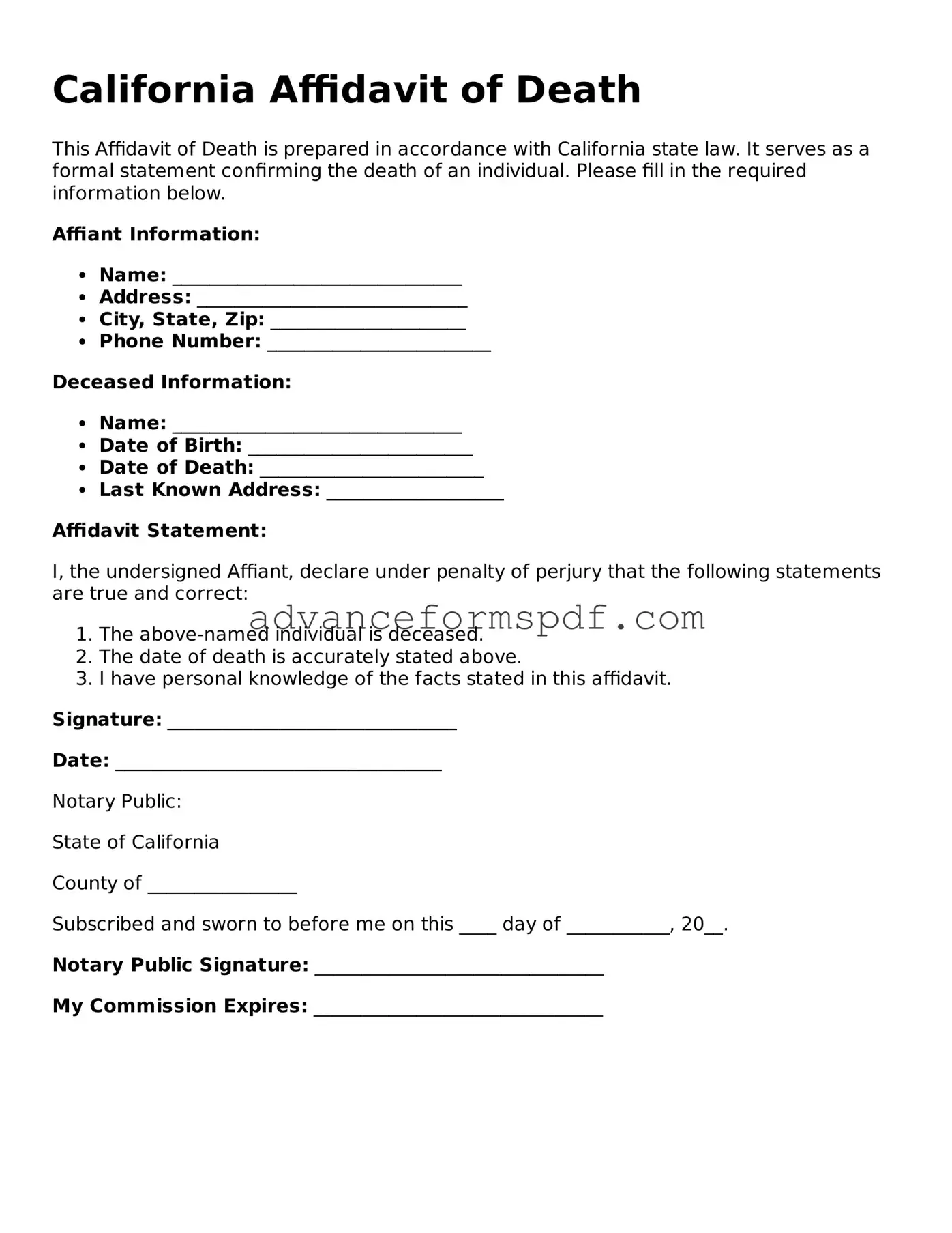 Valid Affidavit of Death Form for the State of California
