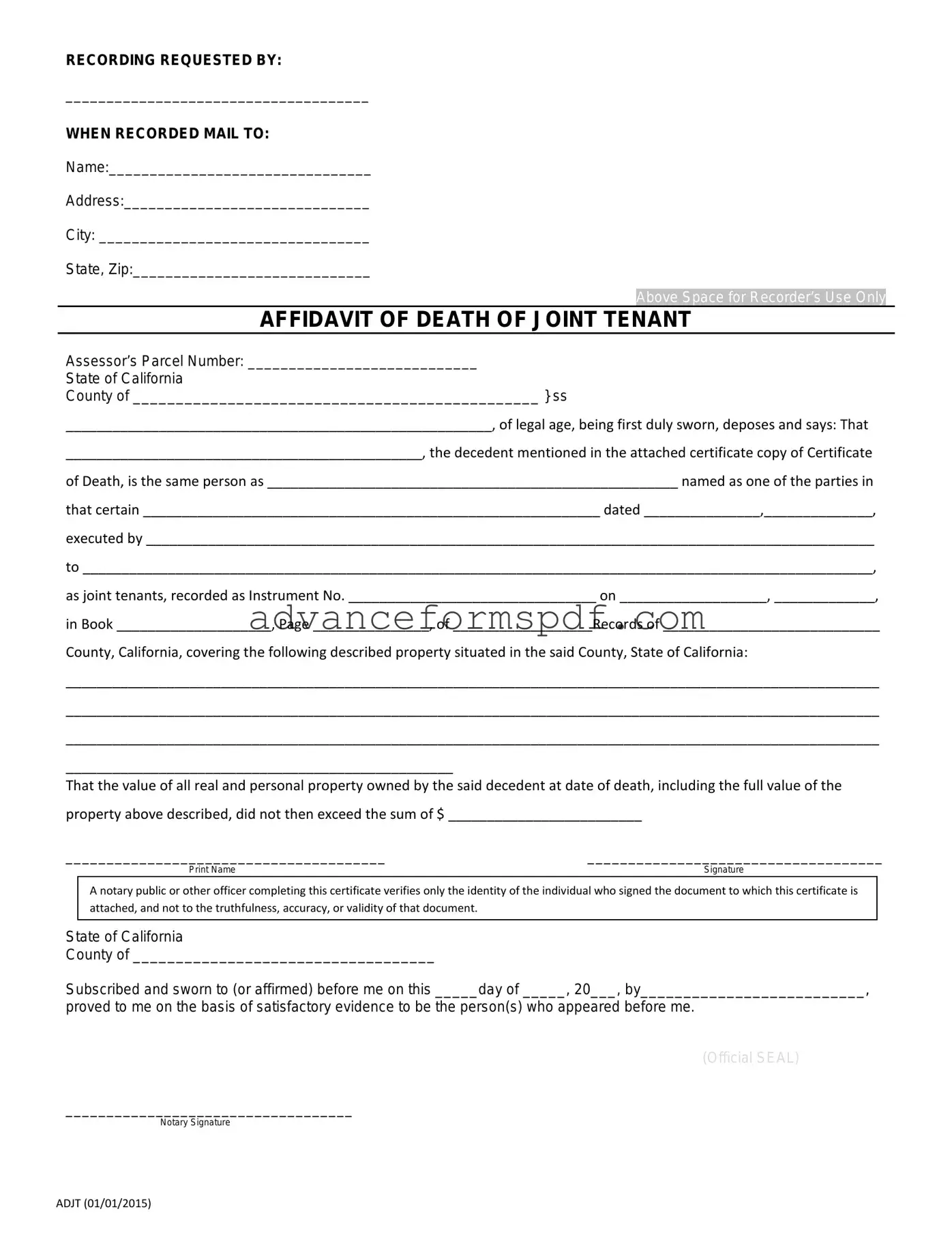 Download California Death of a Joint Tenant Affidavit Form in PDF