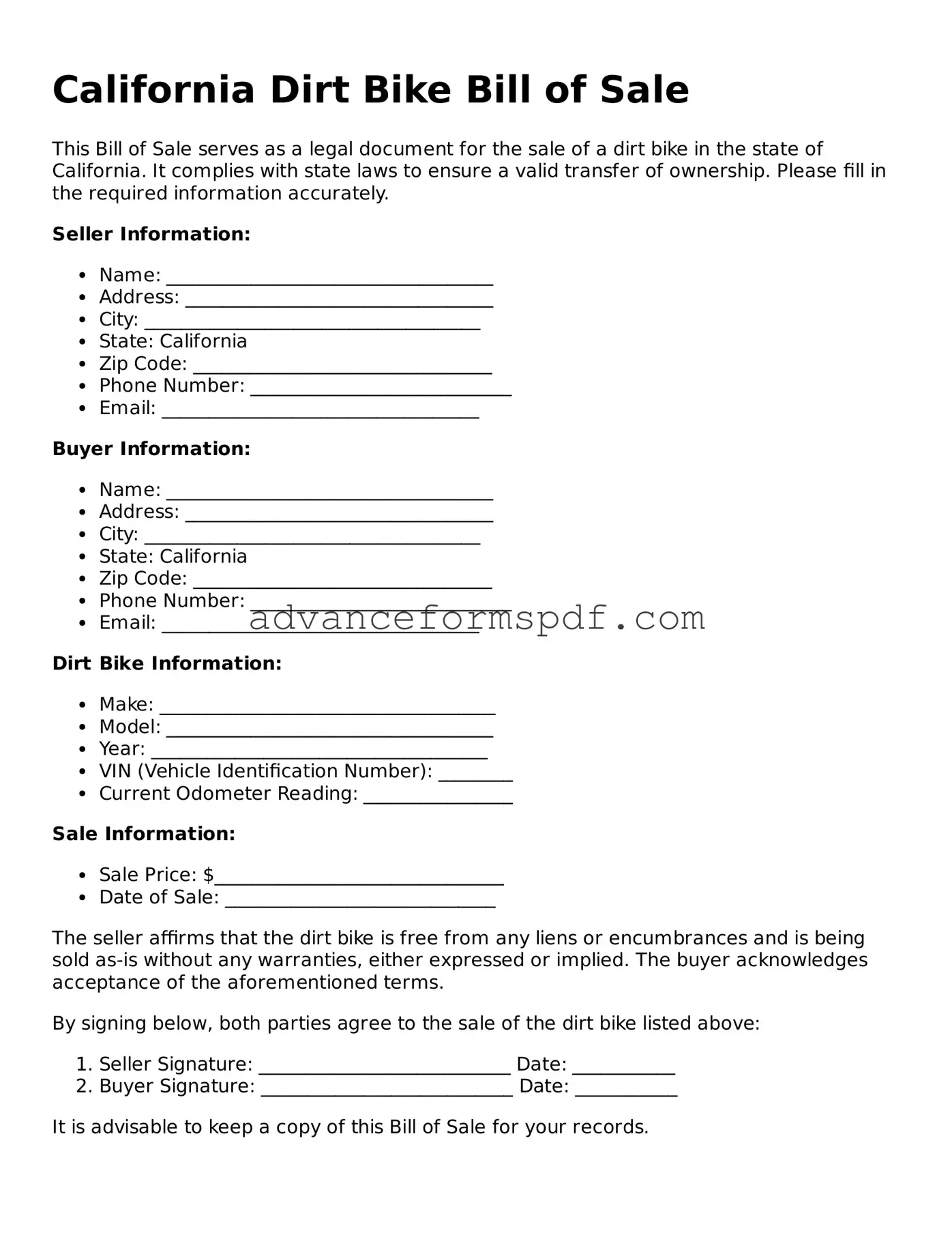 Valid Dirt Bike Bill of Sale Form for the State of California