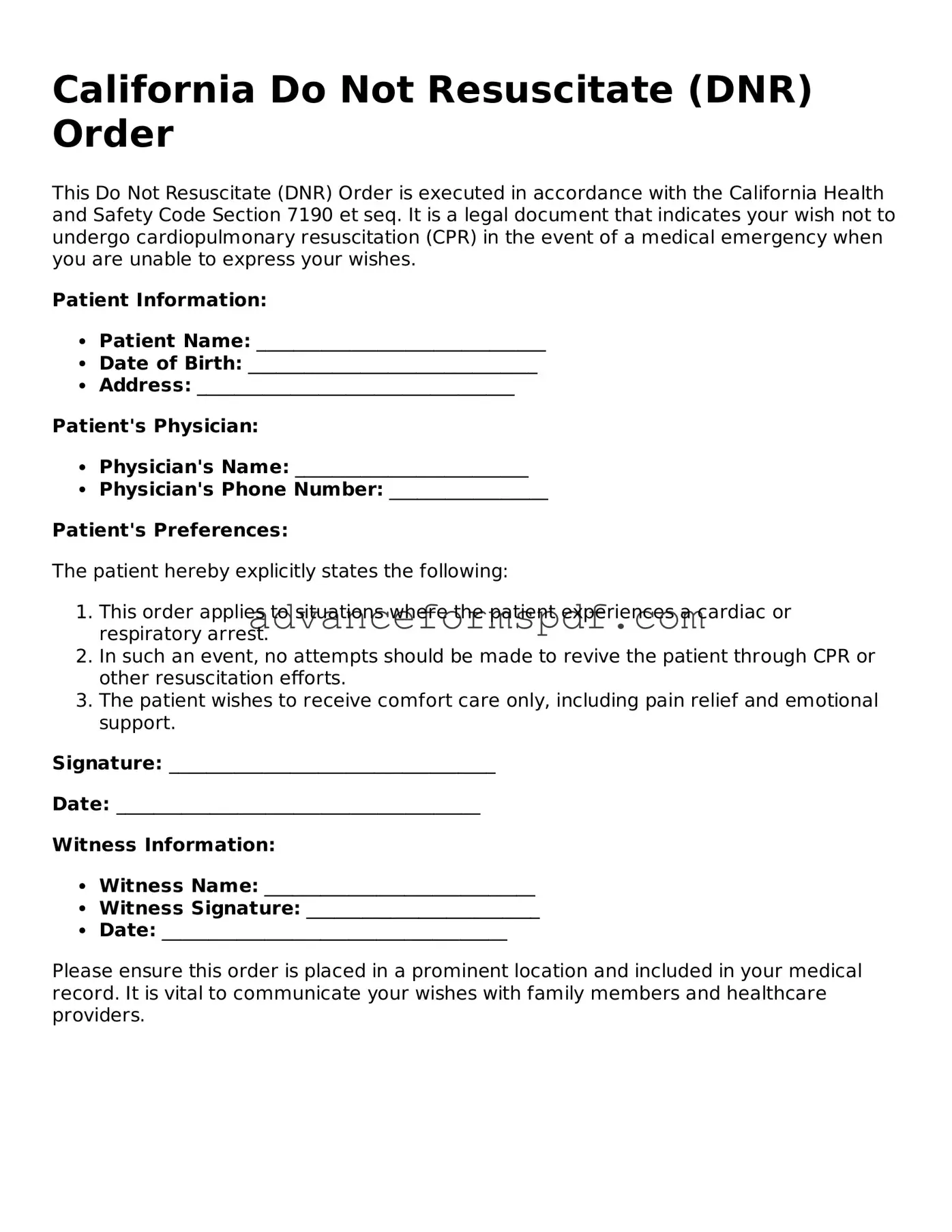 Valid Do Not Resuscitate Order Form for the State of California
