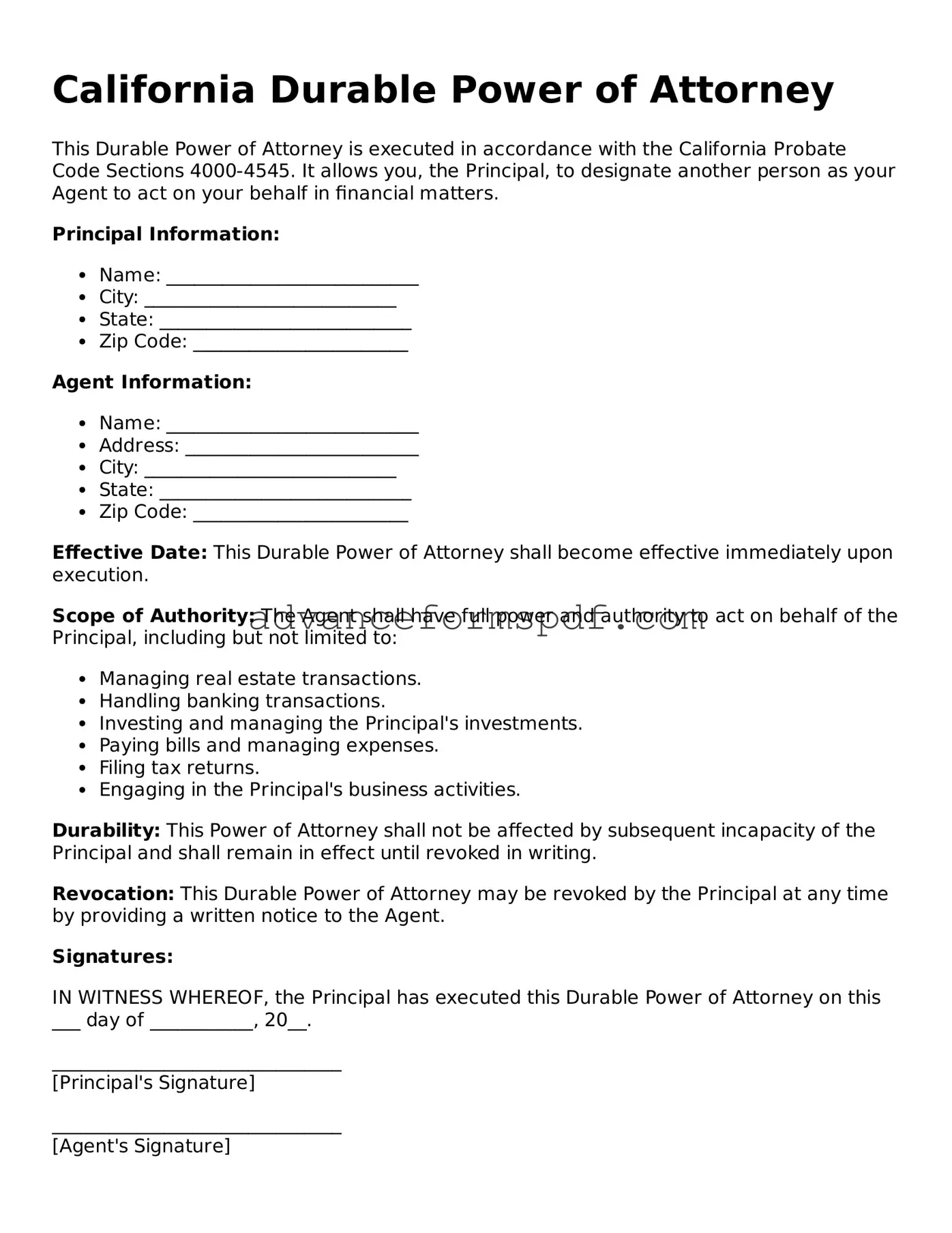 Valid Durable Power of Attorney Form for the State of California