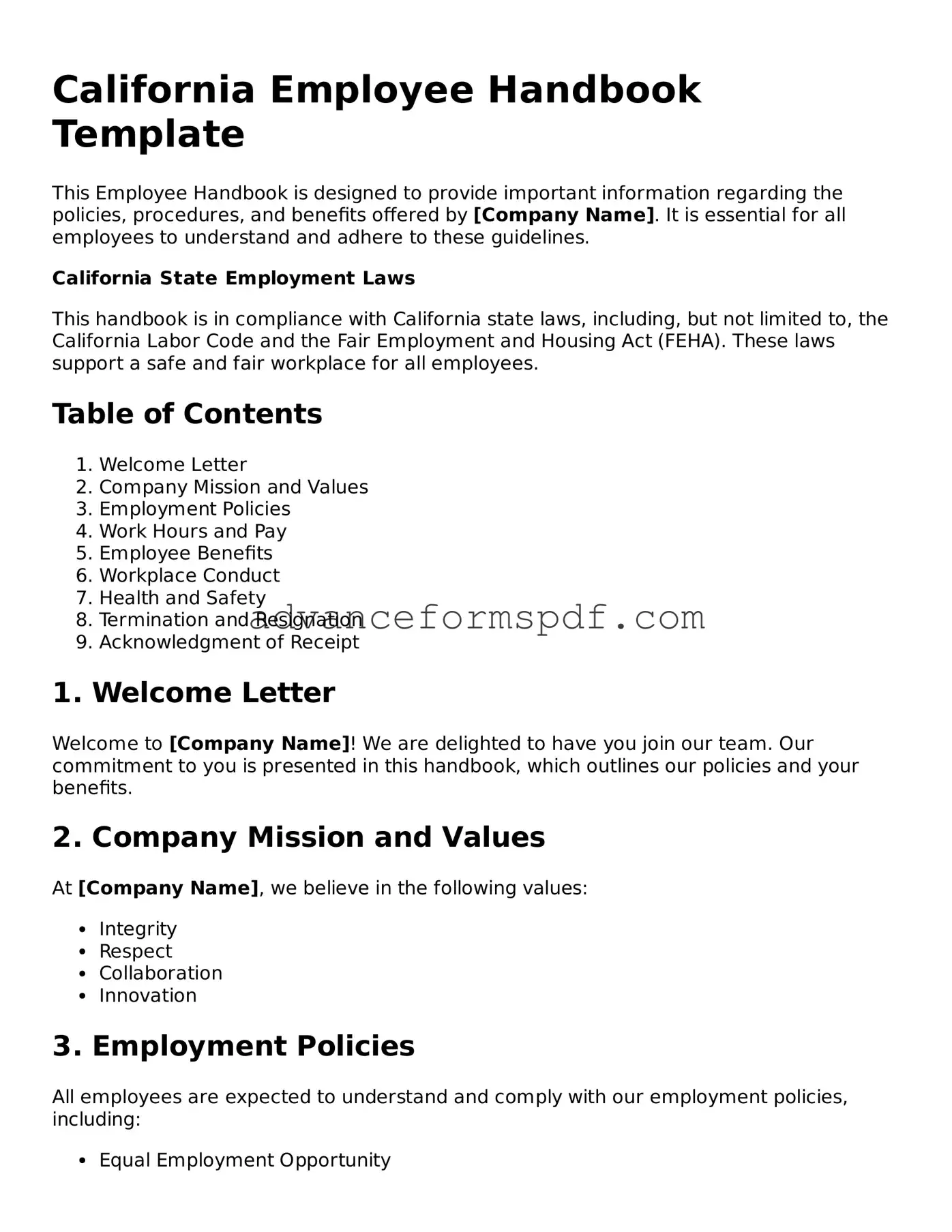 Valid Employee Handbook Form for the State of California