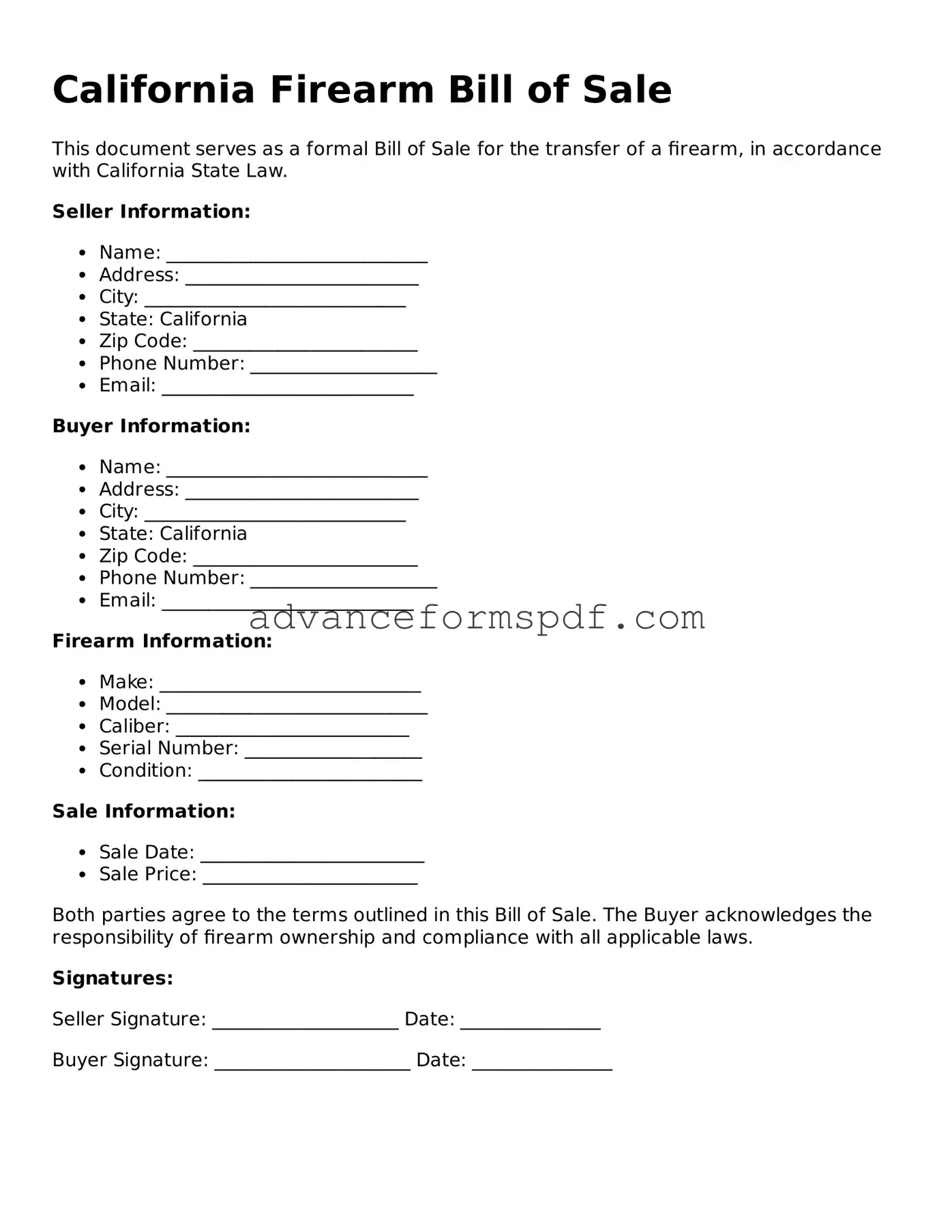 Valid Firearm Bill of Sale Form for the State of California