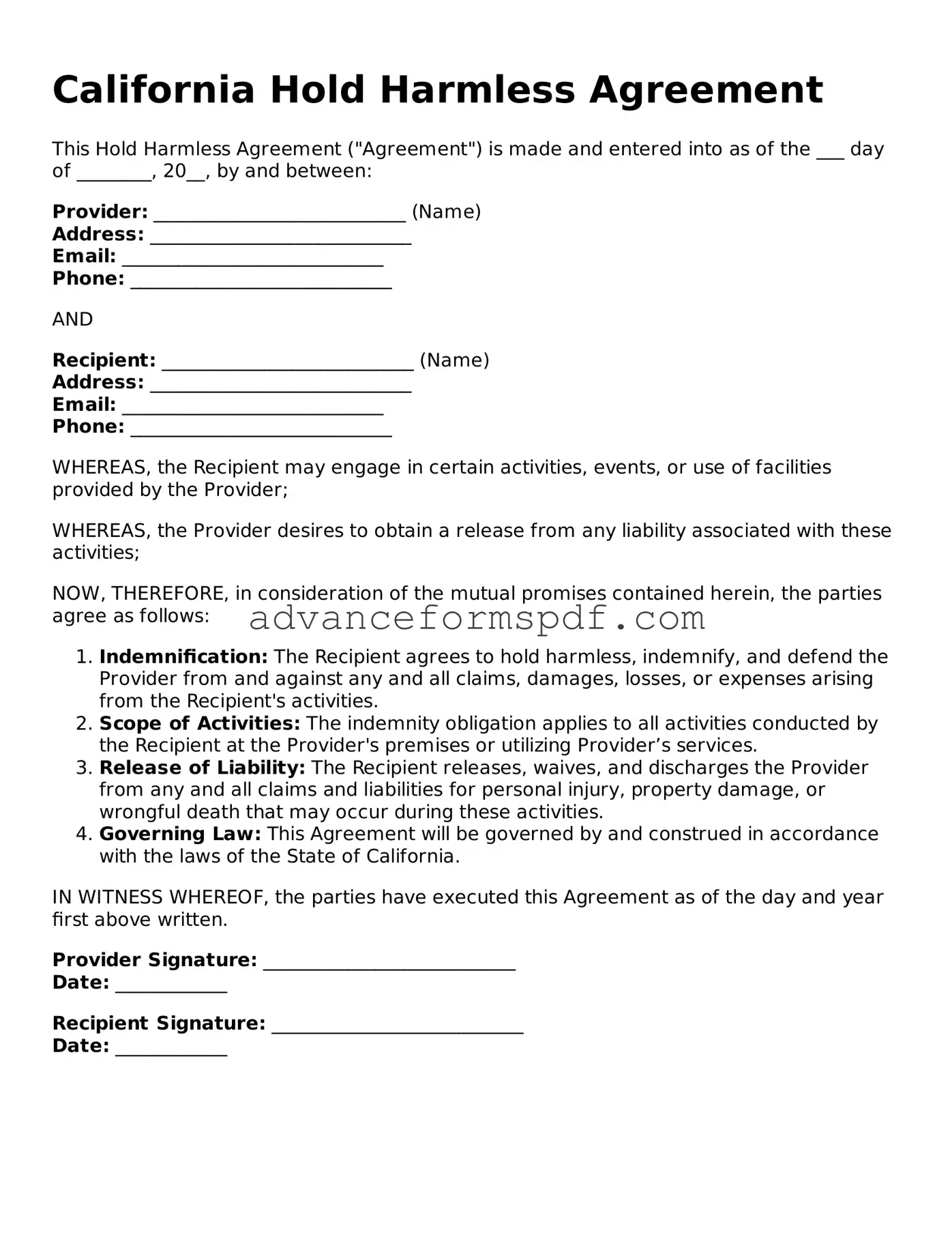 Valid Hold Harmless Agreement Form for the State of California