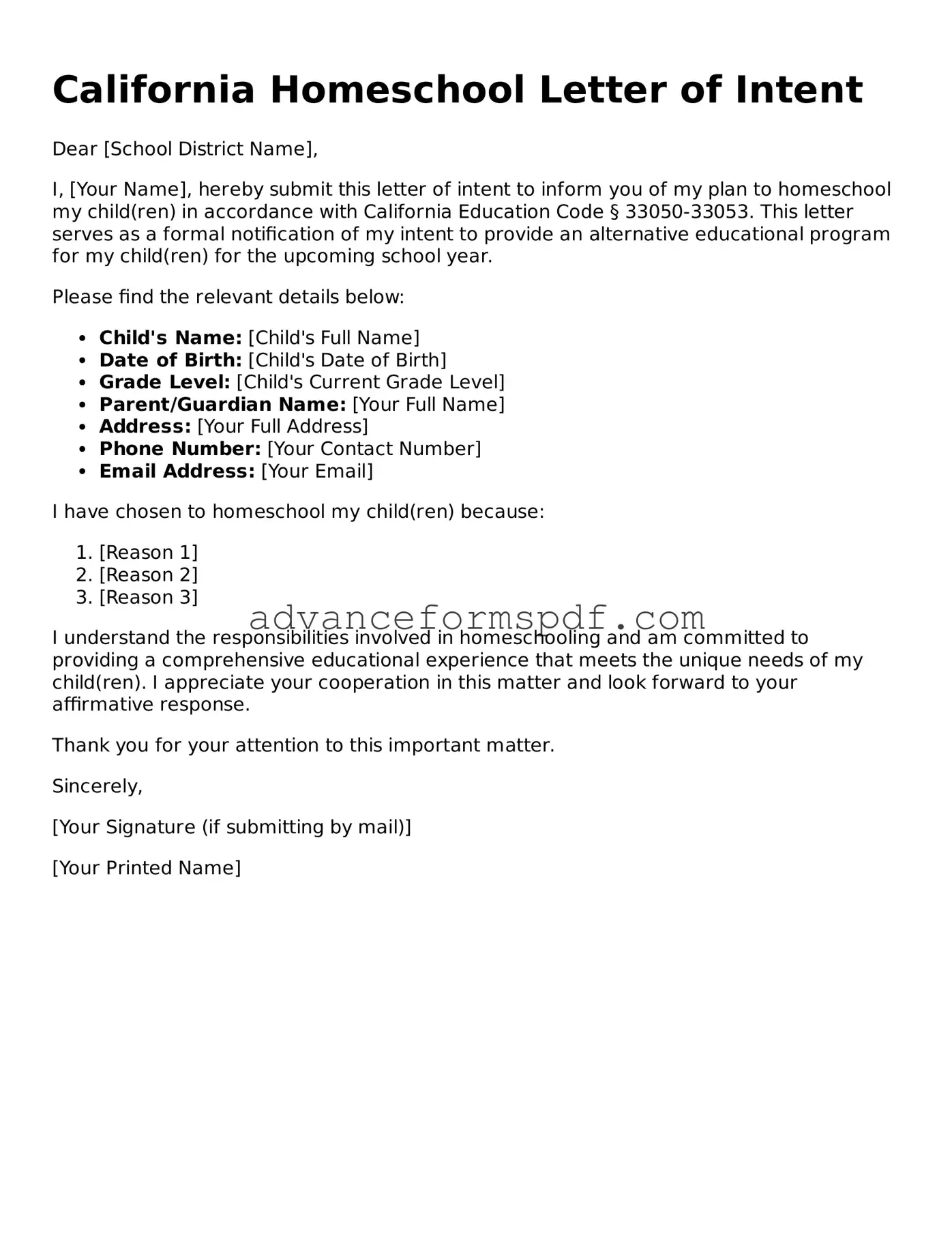 Valid Homeschool Letter of Intent Form for the State of California