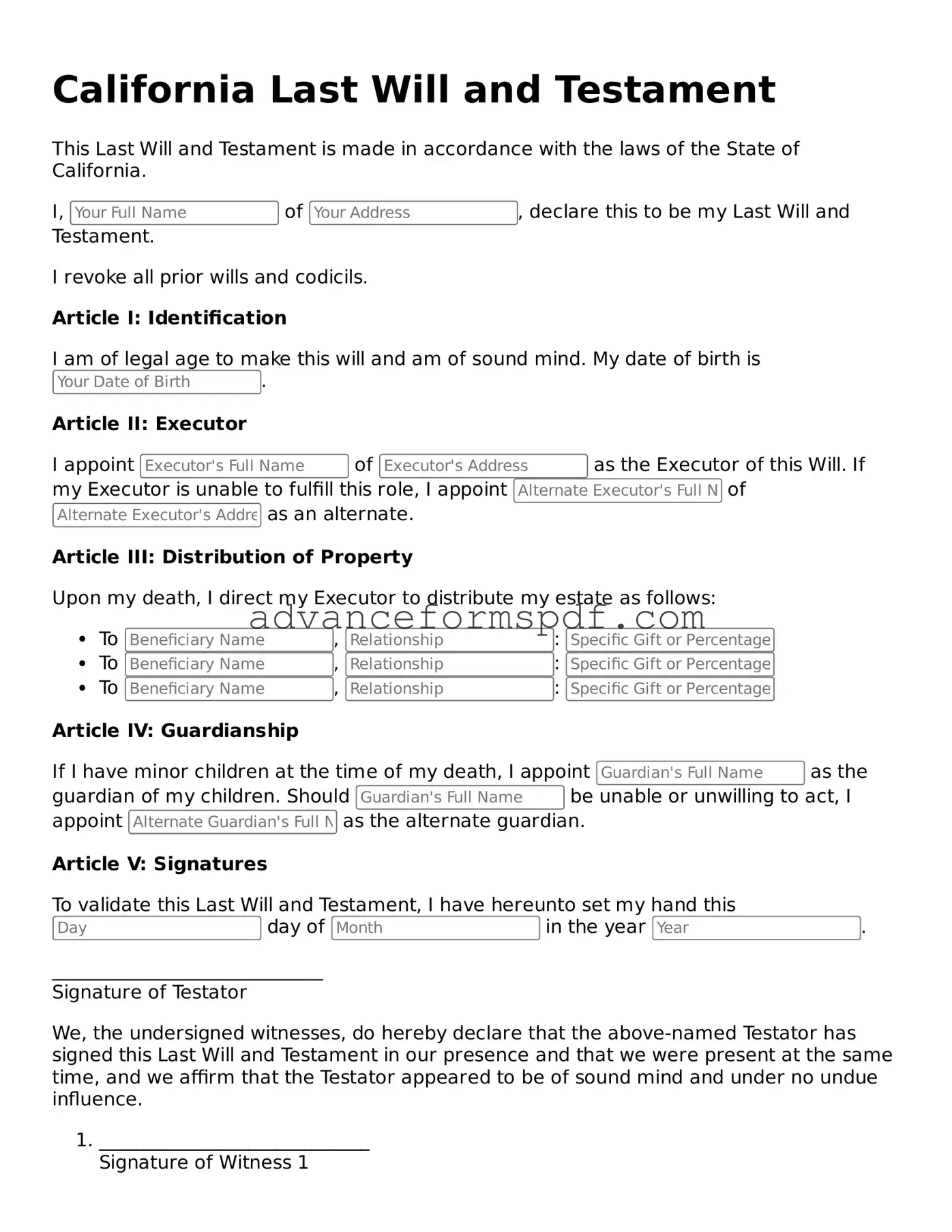 Valid Last Will and Testament Form for the State of California