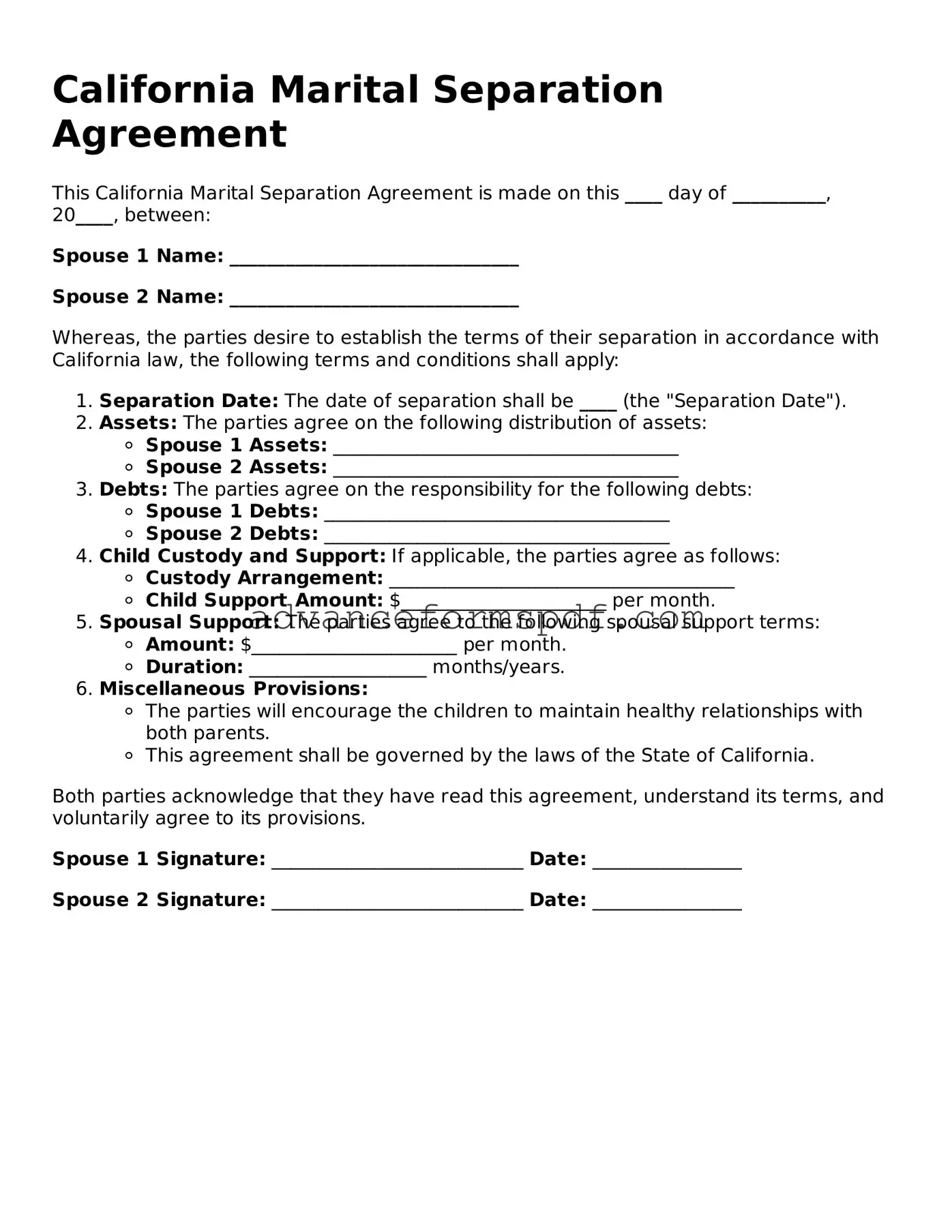 Valid Marital Separation Agreement Form for the State of California