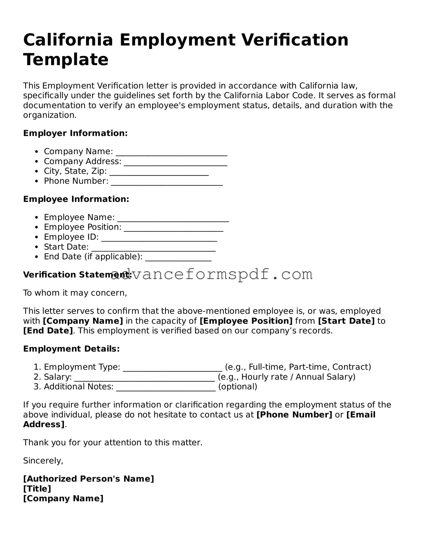 Valid Employment Verification Form for the State of California
