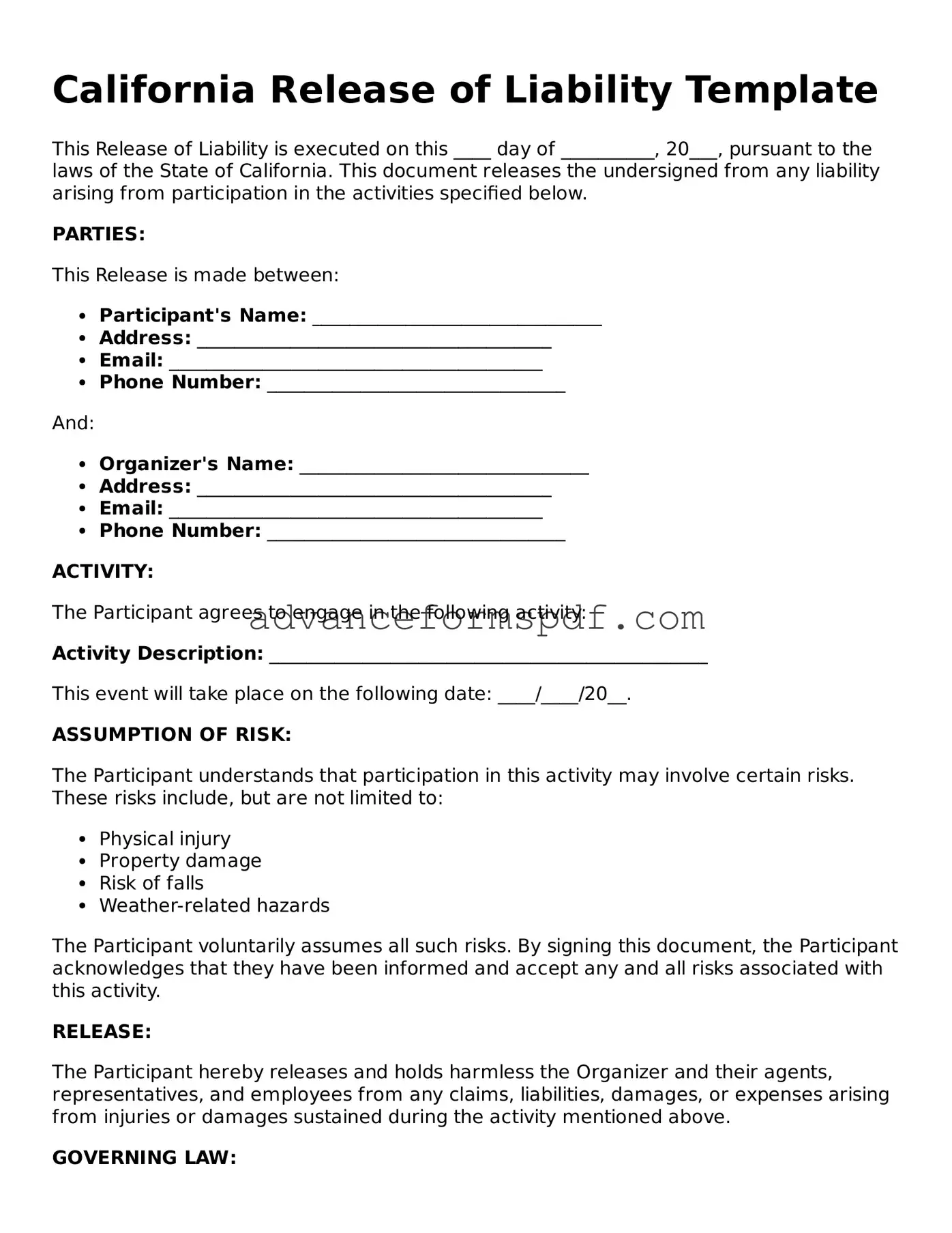 Valid Release of Liability Form for the State of California