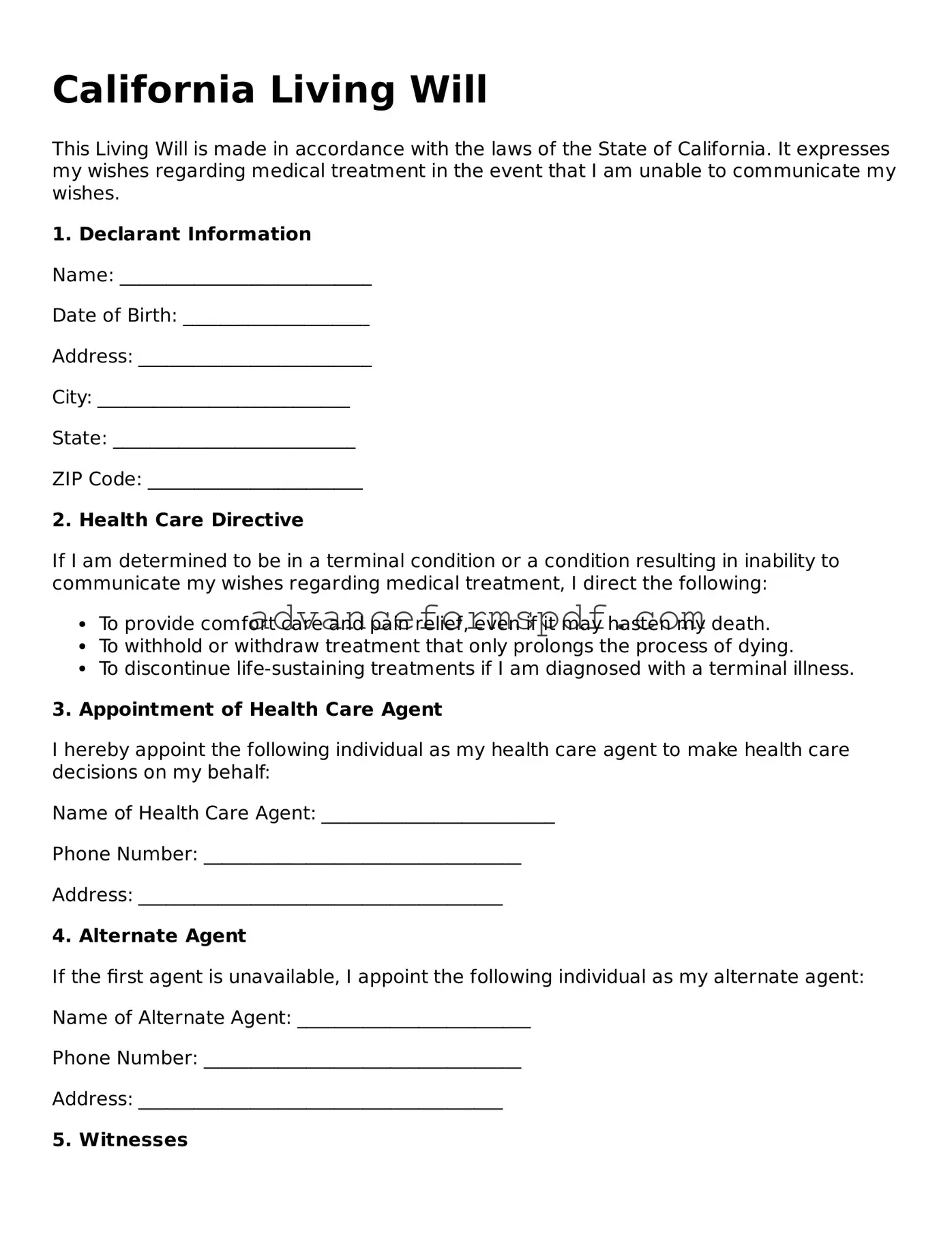 Valid Living Will Form for the State of California