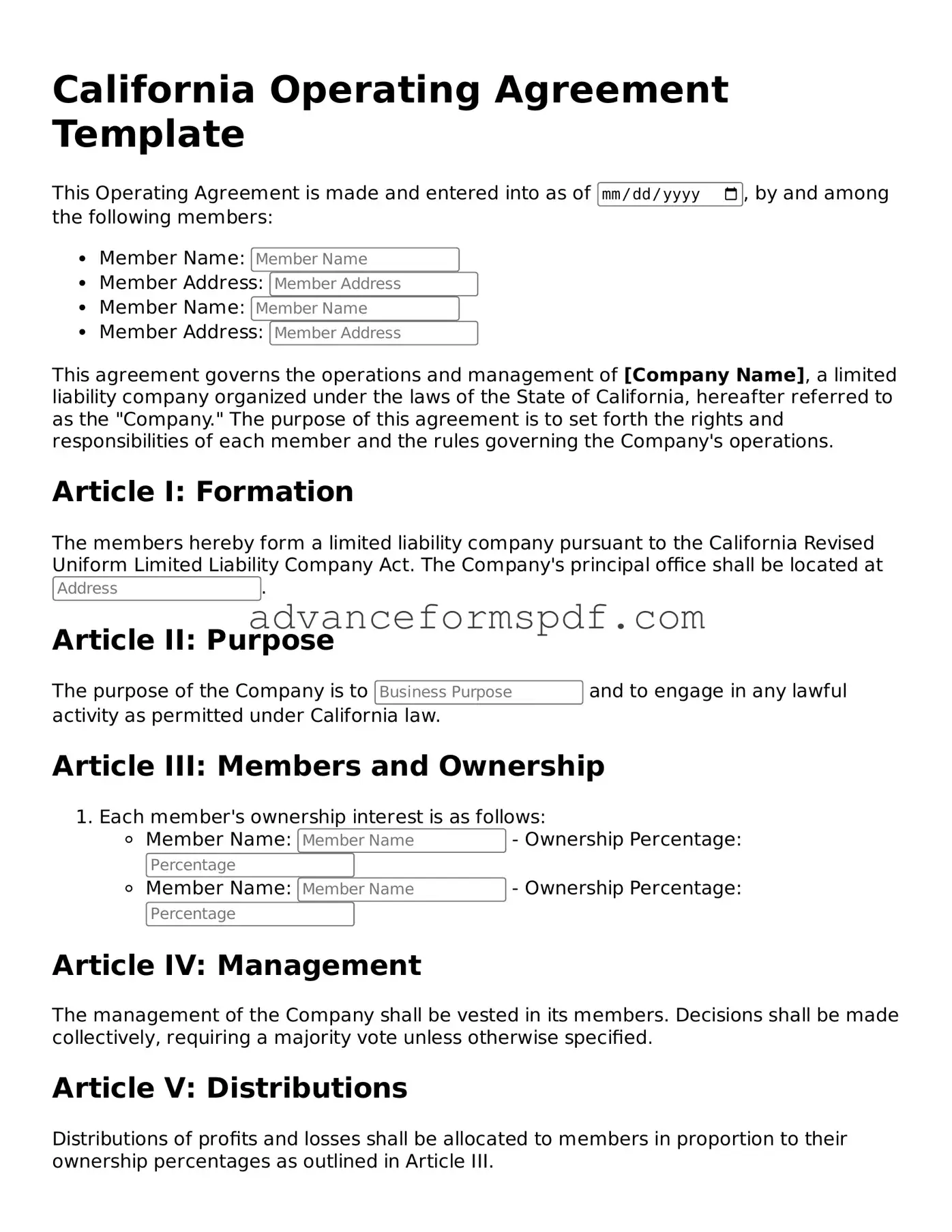 Valid Operating Agreement Form for the State of California