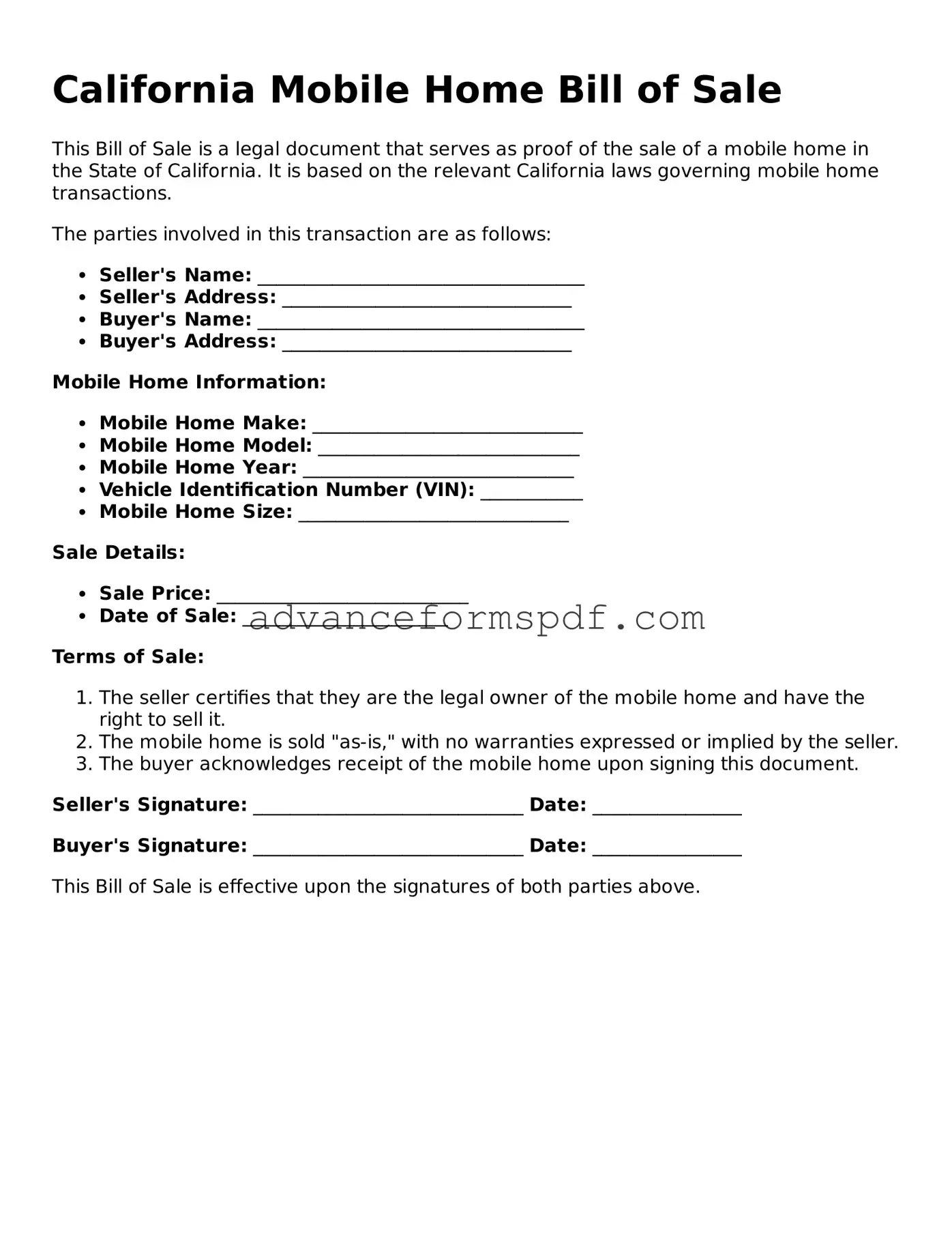 Valid Mobile Home Bill of Sale Form for the State of California