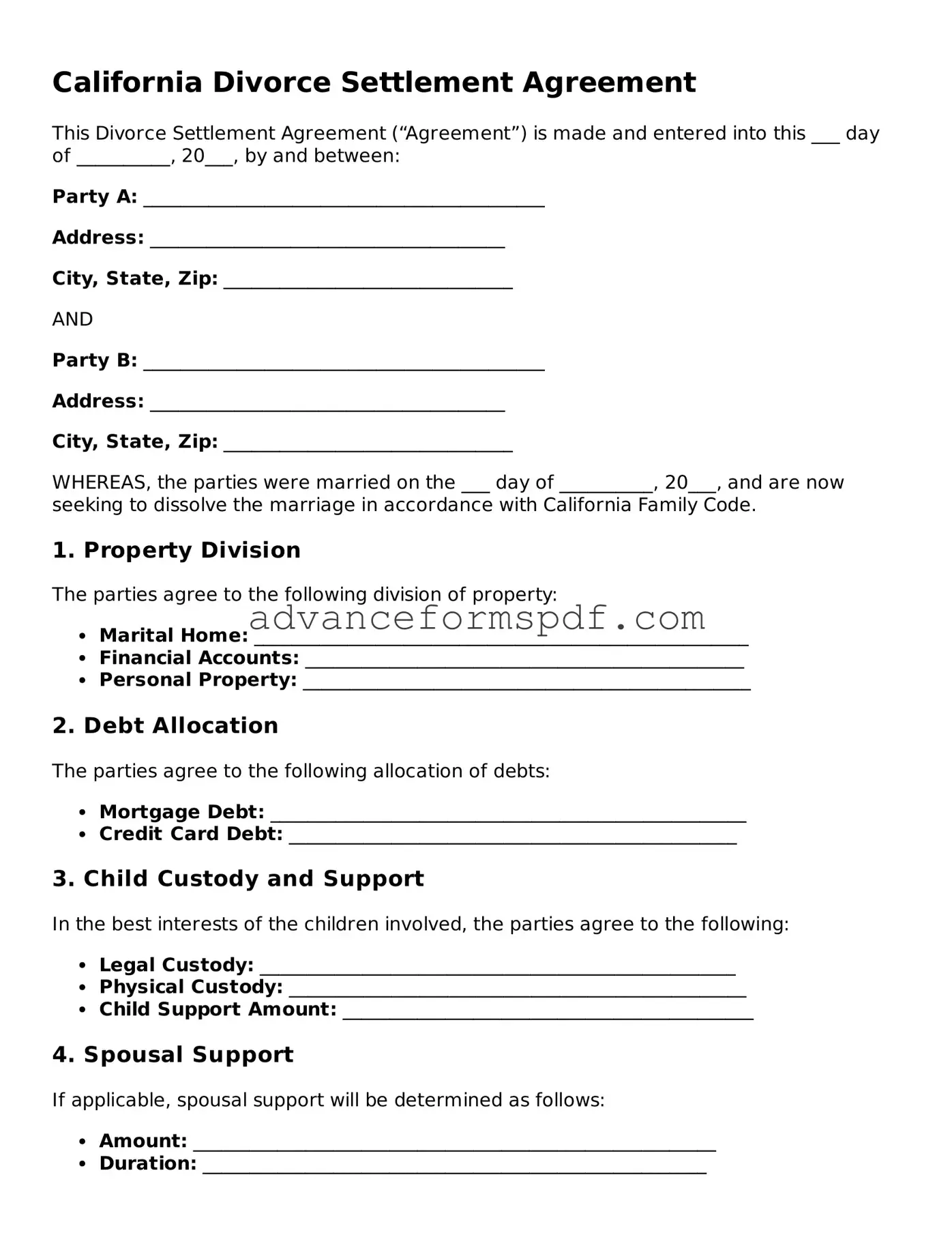 Valid Divorce Settlement Agreement Form for the State of California