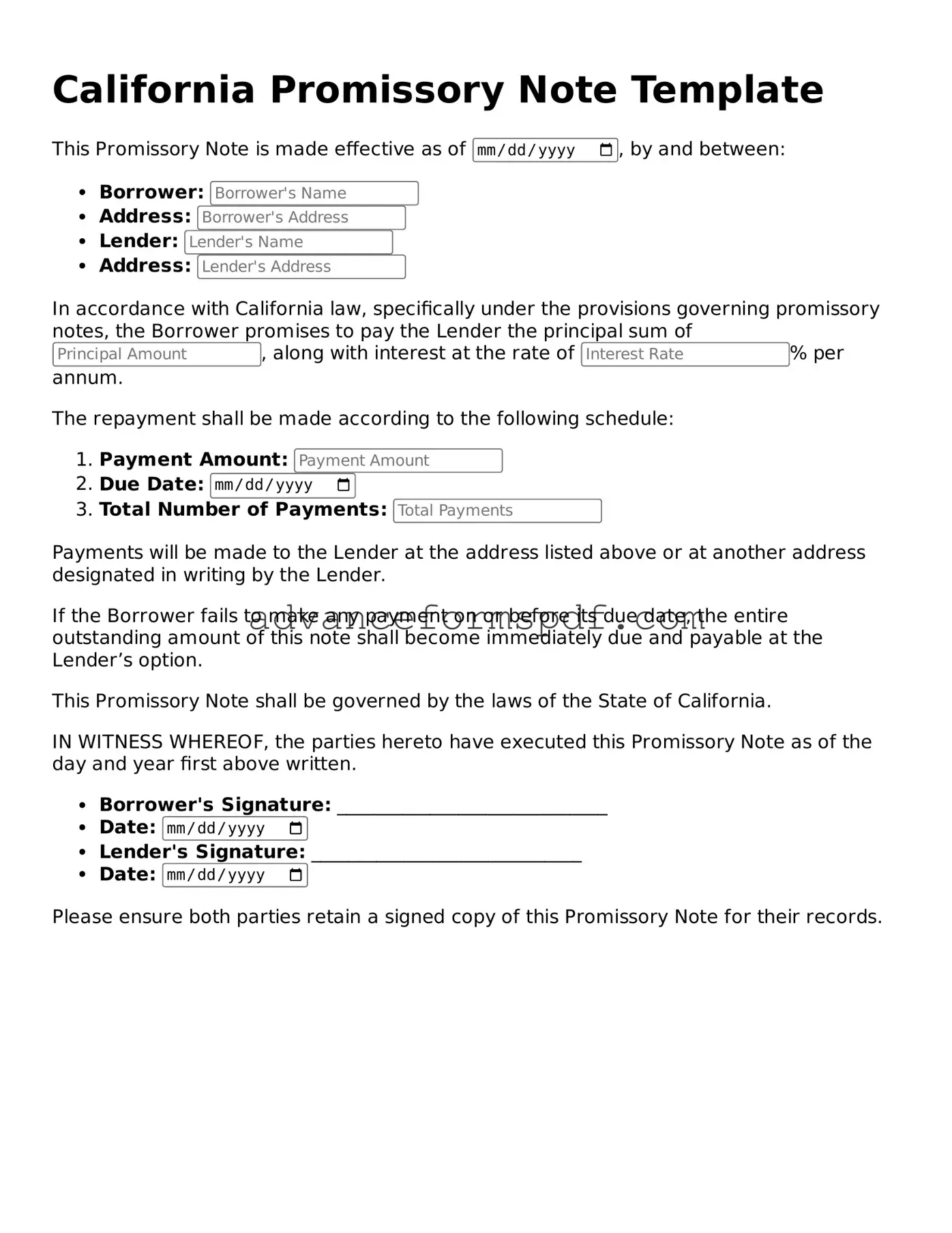 Valid Promissory Note Form for the State of California