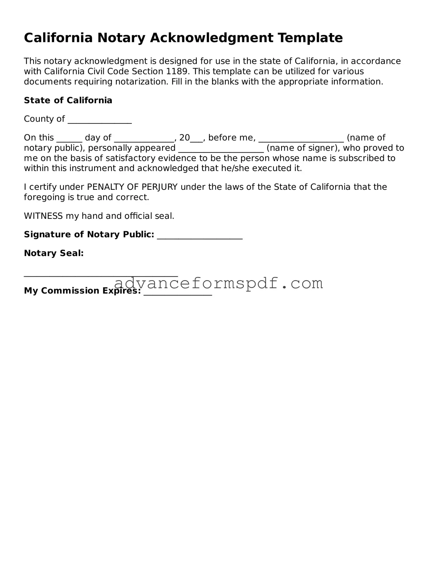 Valid Notary Acknowledgement Form for the State of California