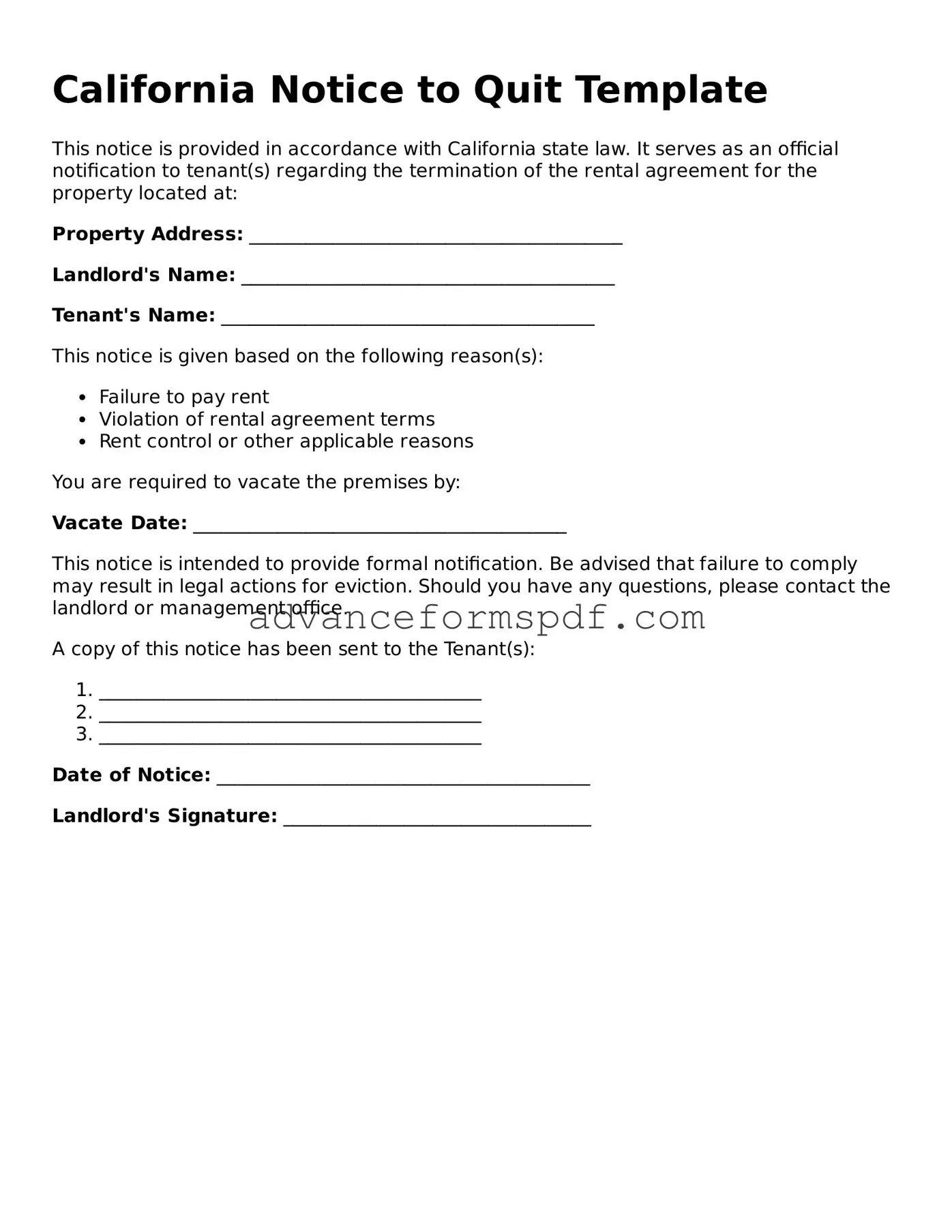 Valid Notice to Quit Form for the State of California