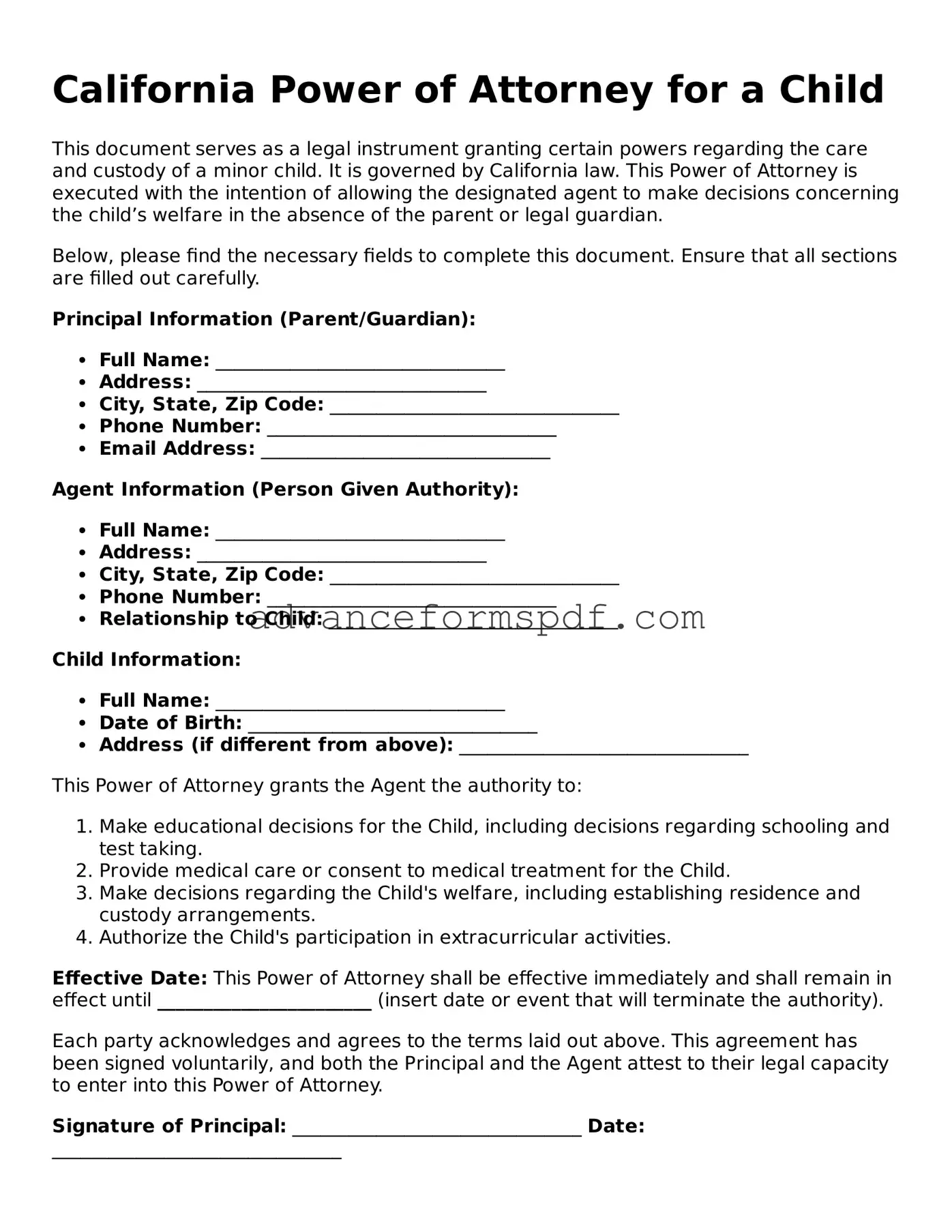 Valid Power of Attorney for a Child Form for the State of California